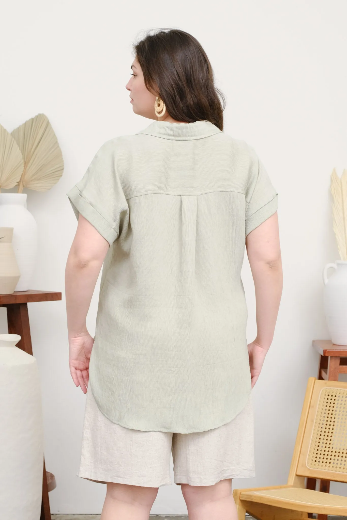 PLUS CUFF SLEEVE COLLARED HALF BUTTON LINEN SHIRT sold by Blu Pepper product image thumbnail 4