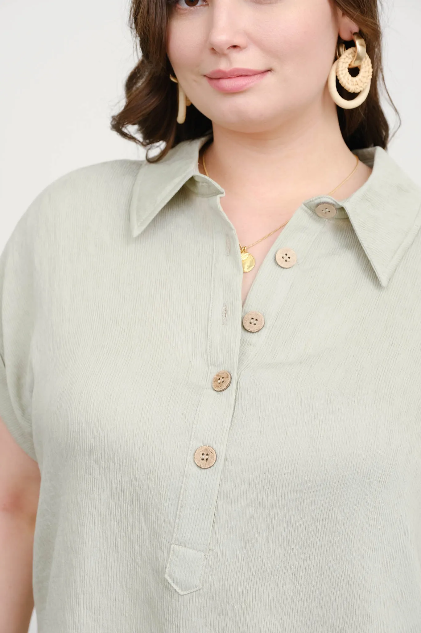 PLUS CUFF SLEEVE COLLARED HALF BUTTON LINEN SHIRT sold by Blu Pepper