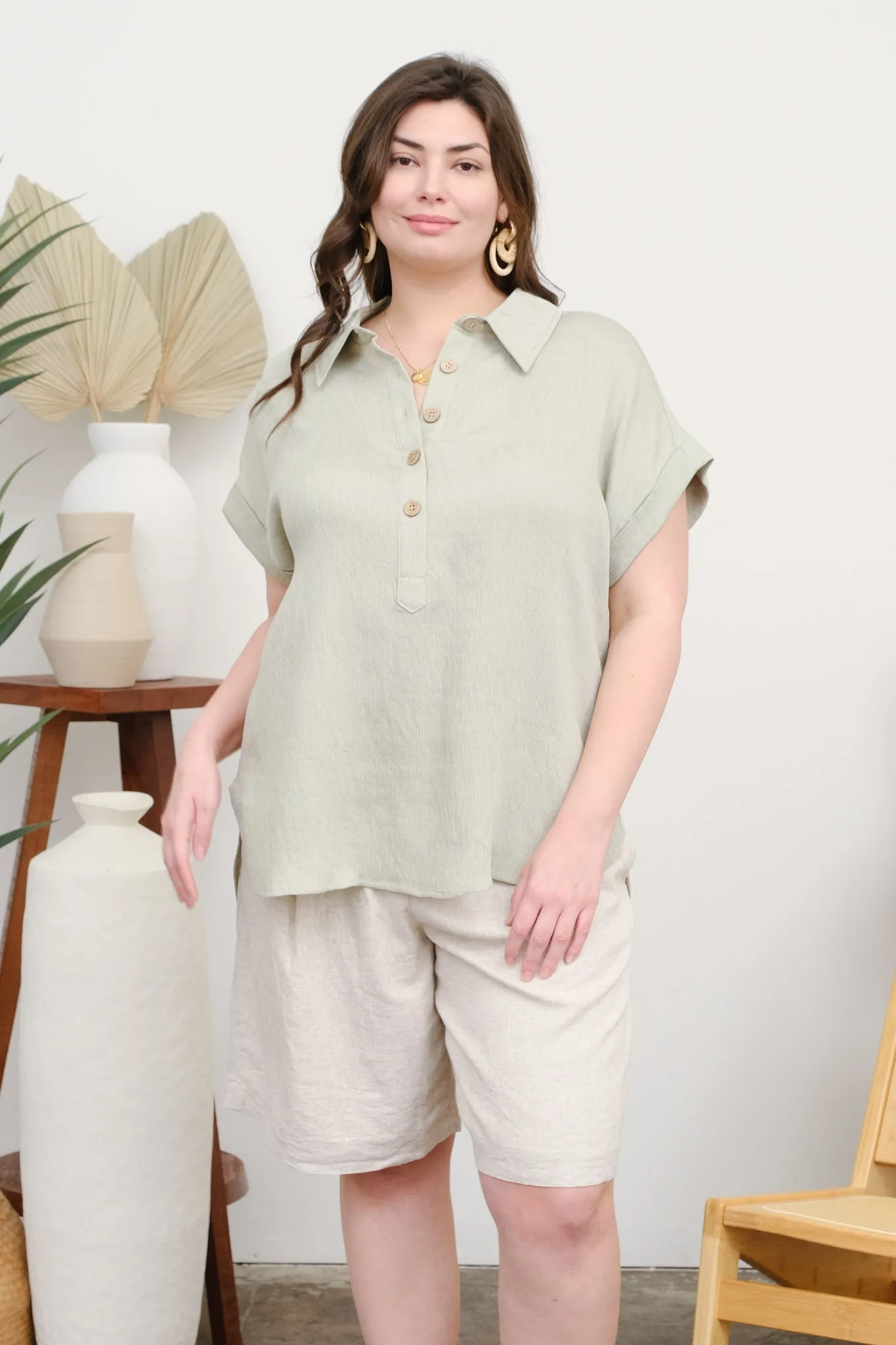 PLUS CUFF SLEEVE COLLARED HALF BUTTON LINEN SHIRT sold by Blu Pepper product image thumbnail 5