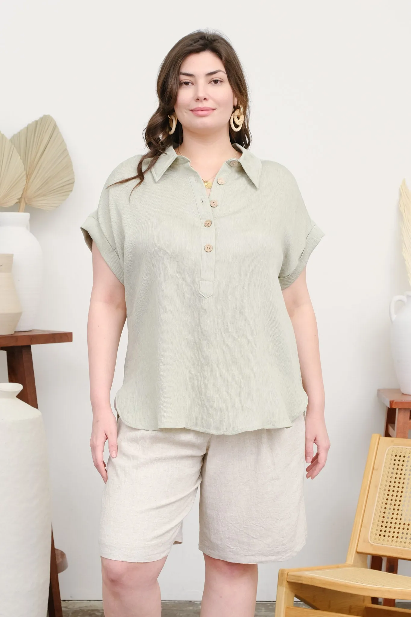 PLUS CUFF SLEEVE COLLARED HALF BUTTON LINEN SHIRT sold by Blu Pepper product image thumbnail 2