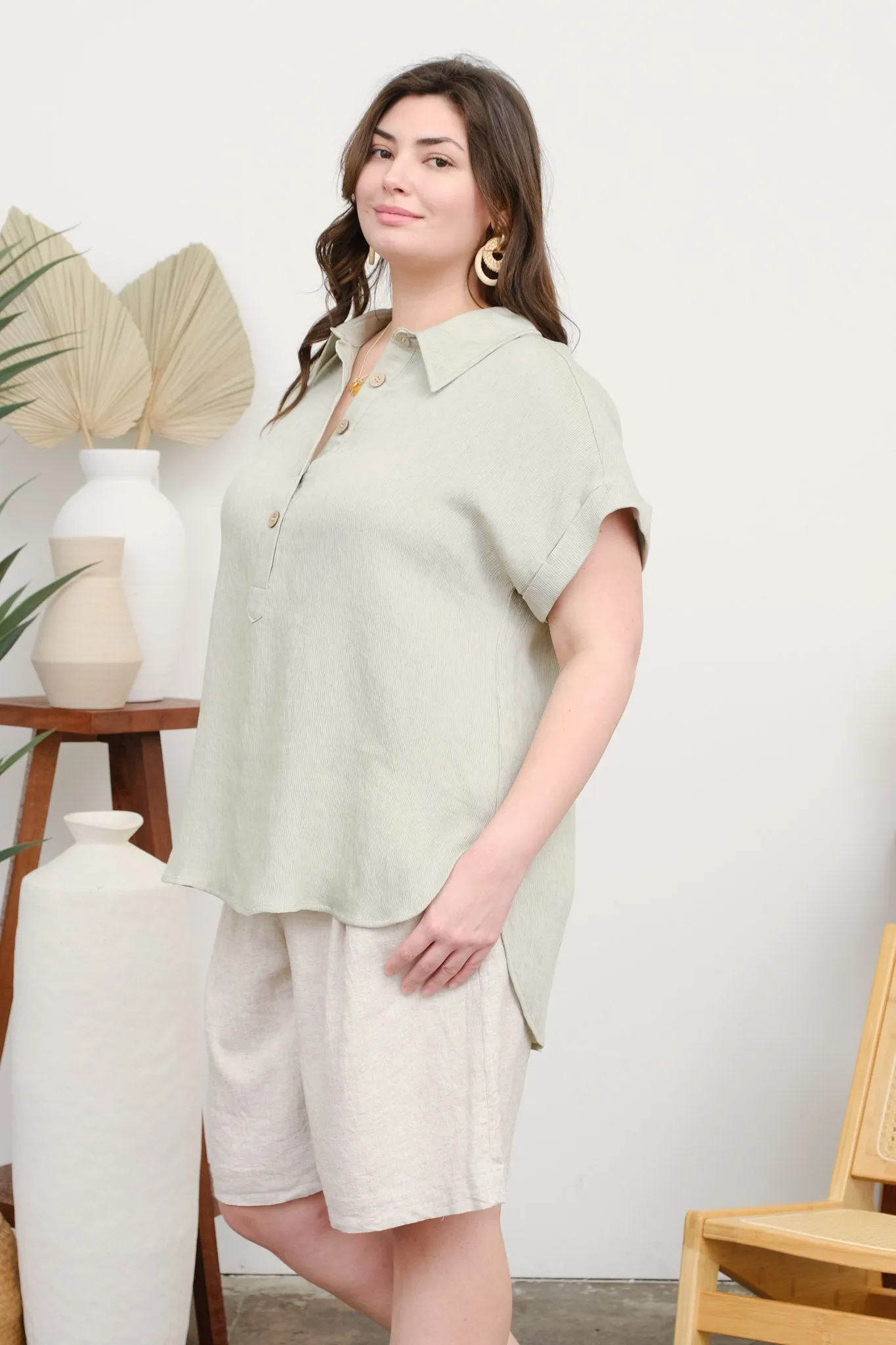 PLUS CUFF SLEEVE COLLARED HALF BUTTON LINEN SHIRT sold by Blu Pepper product image thumbnail 3