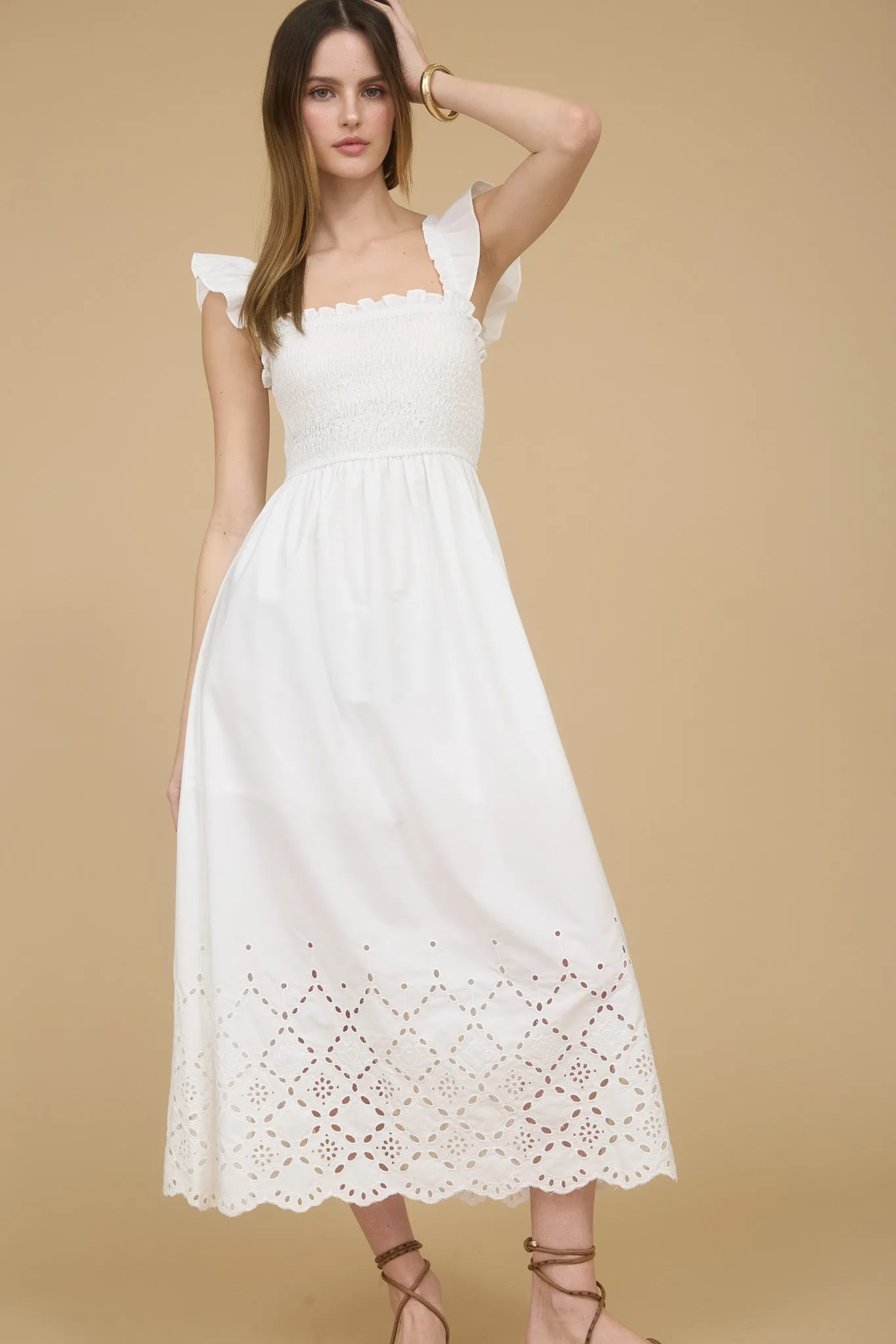 SMOCKED RUFFLE SLEEVE EYELET HEM MIDI DRESS sold by Blu Pepper product image thumbnail 5