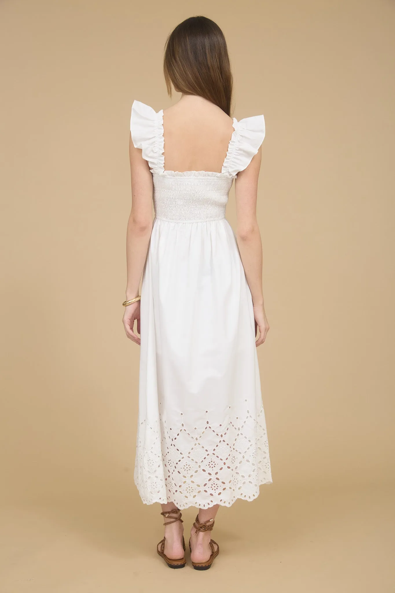 SMOCKED RUFFLE SLEEVE EYELET HEM MIDI DRESS sold by Blu Pepper product image thumbnail 2
