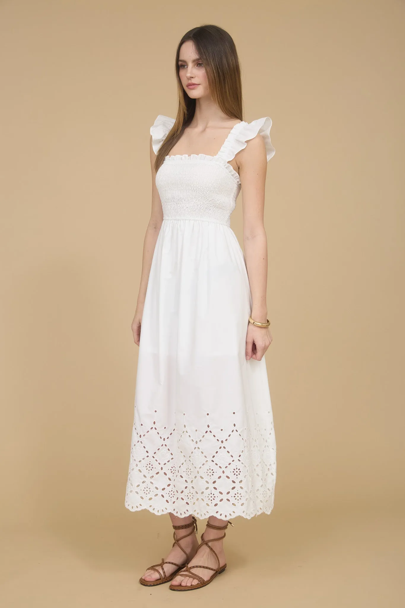 SMOCKED RUFFLE SLEEVE EYELET HEM MIDI DRESS sold by Blu Pepper product image thumbnail 3