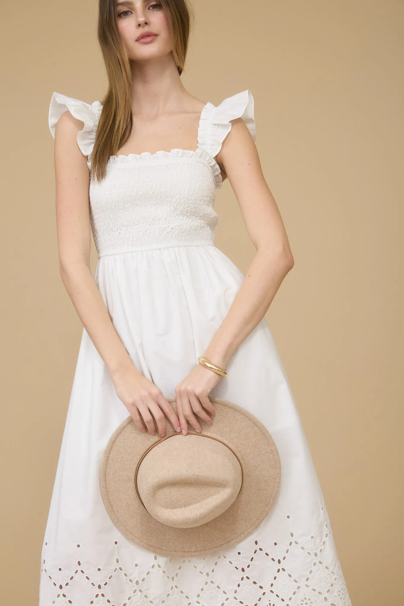 SMOCKED RUFFLE SLEEVE EYELET HEM MIDI DRESS sold by Blu Pepper product image thumbnail 4