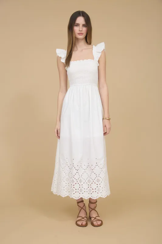 SMOCKED RUFFLE SLEEVE EYELET HEM MIDI DRESS sold by Blu Pepper