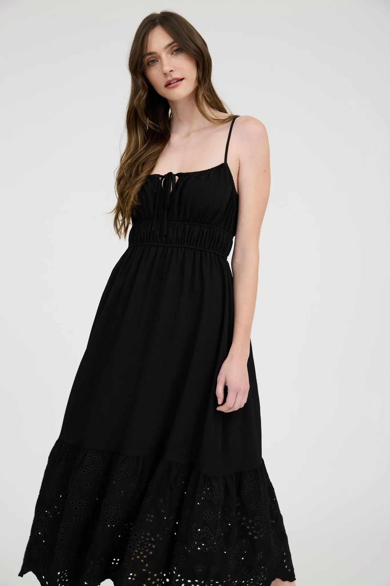 FRONT SELF TIE EYELET SCALLOP HEM MIDI DRESS sold by Blu Pepper product image thumbnail 4