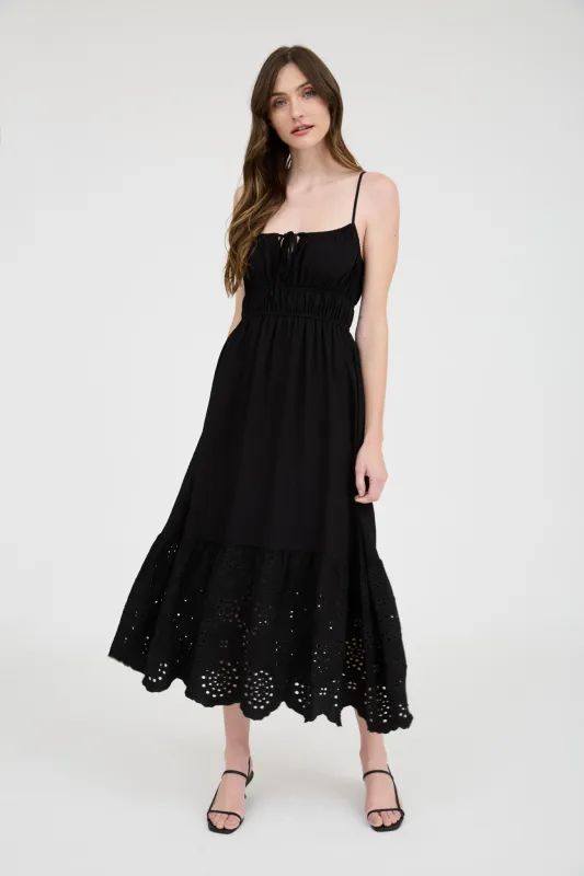 FRONT SELF TIE EYELET SCALLOP HEM MIDI DRESS sold by Blu Pepper