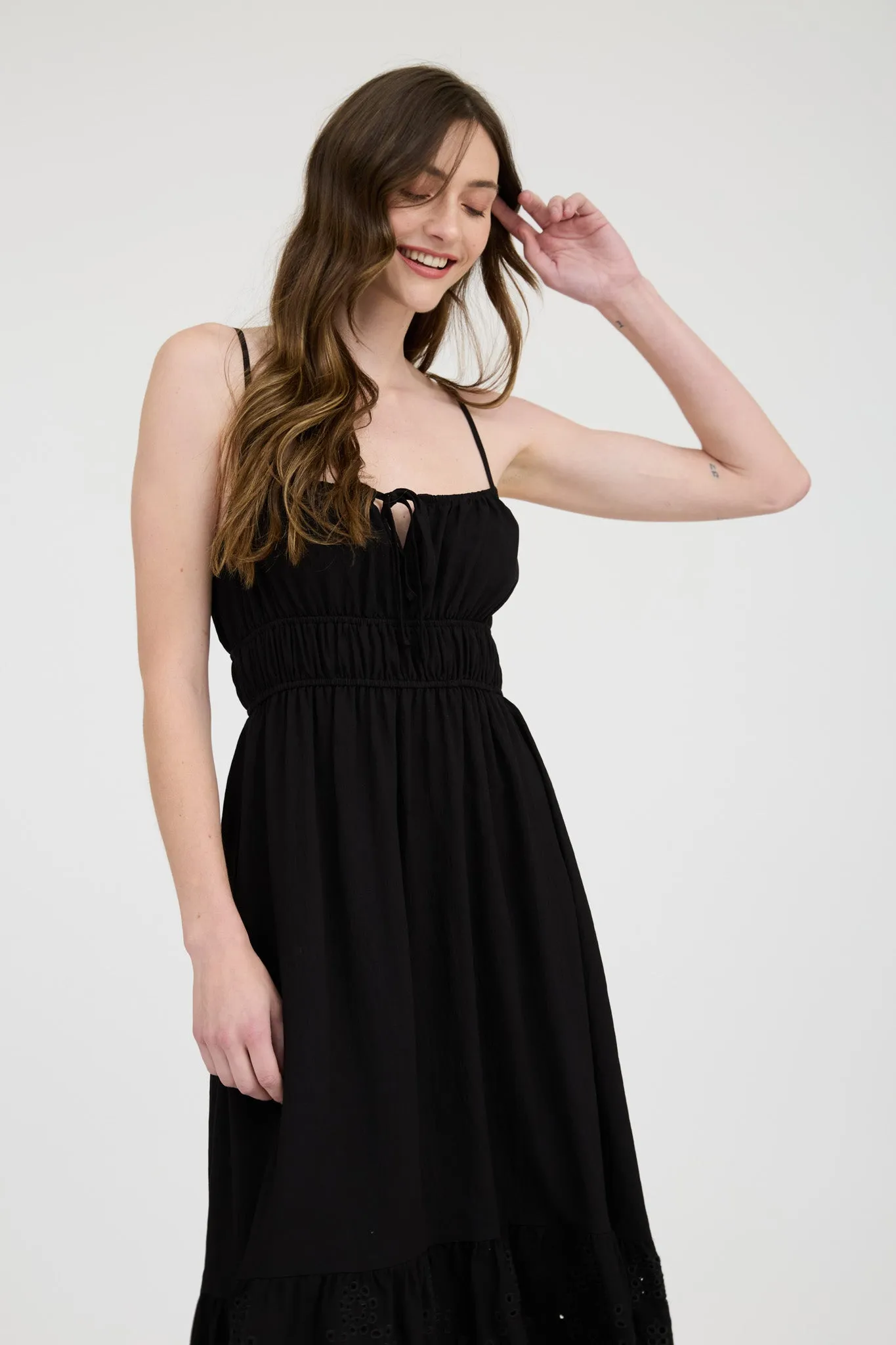 FRONT SELF TIE EYELET SCALLOP HEM MIDI DRESS sold by Blu Pepper product image thumbnail 5