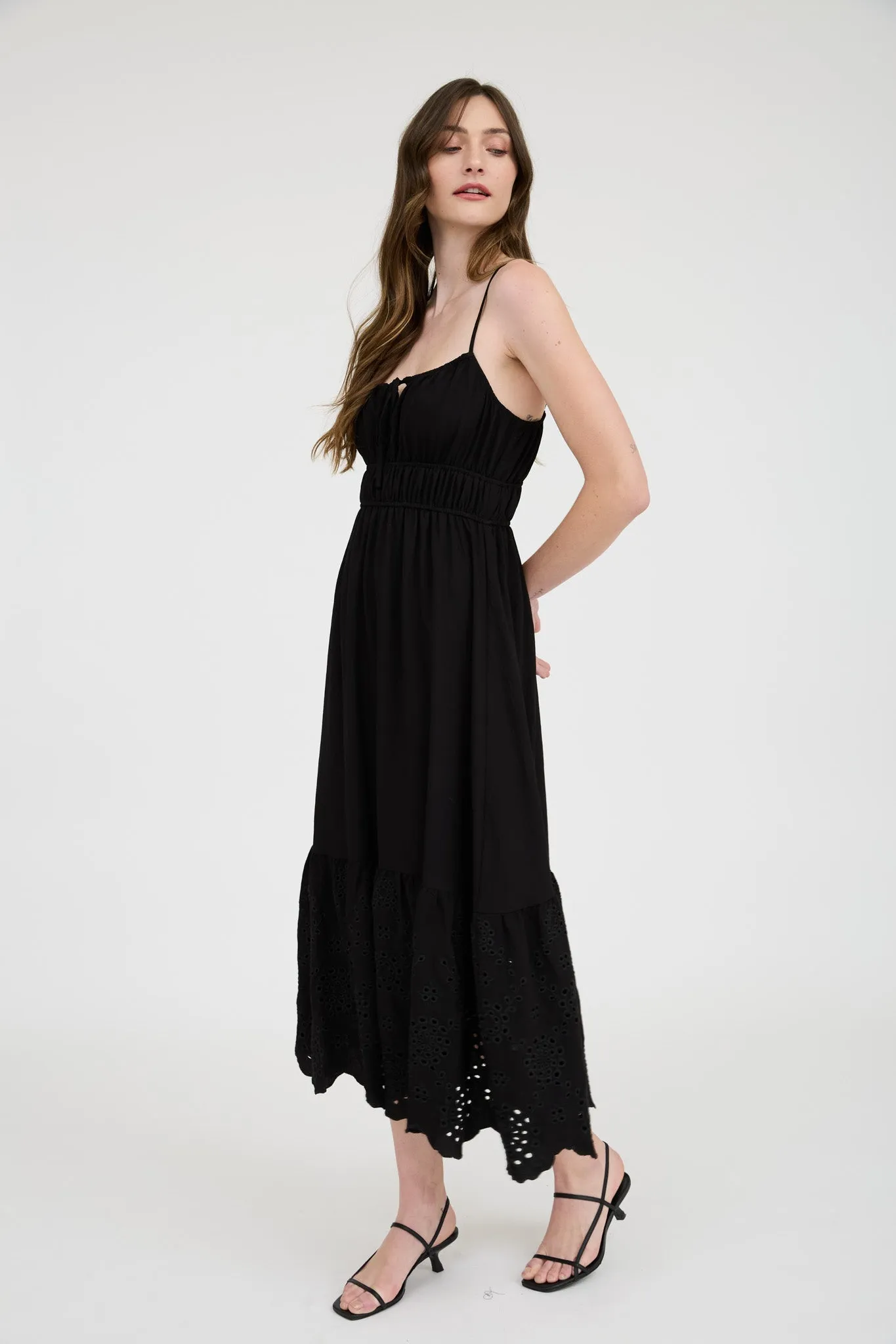 FRONT SELF TIE EYELET SCALLOP HEM MIDI DRESS sold by Blu Pepper product image thumbnail 3