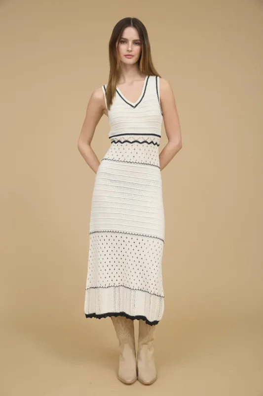 V NECK SLEEVELESS SHEER TRIM CROCHET MIDI DRESS sold by Blu Pepper