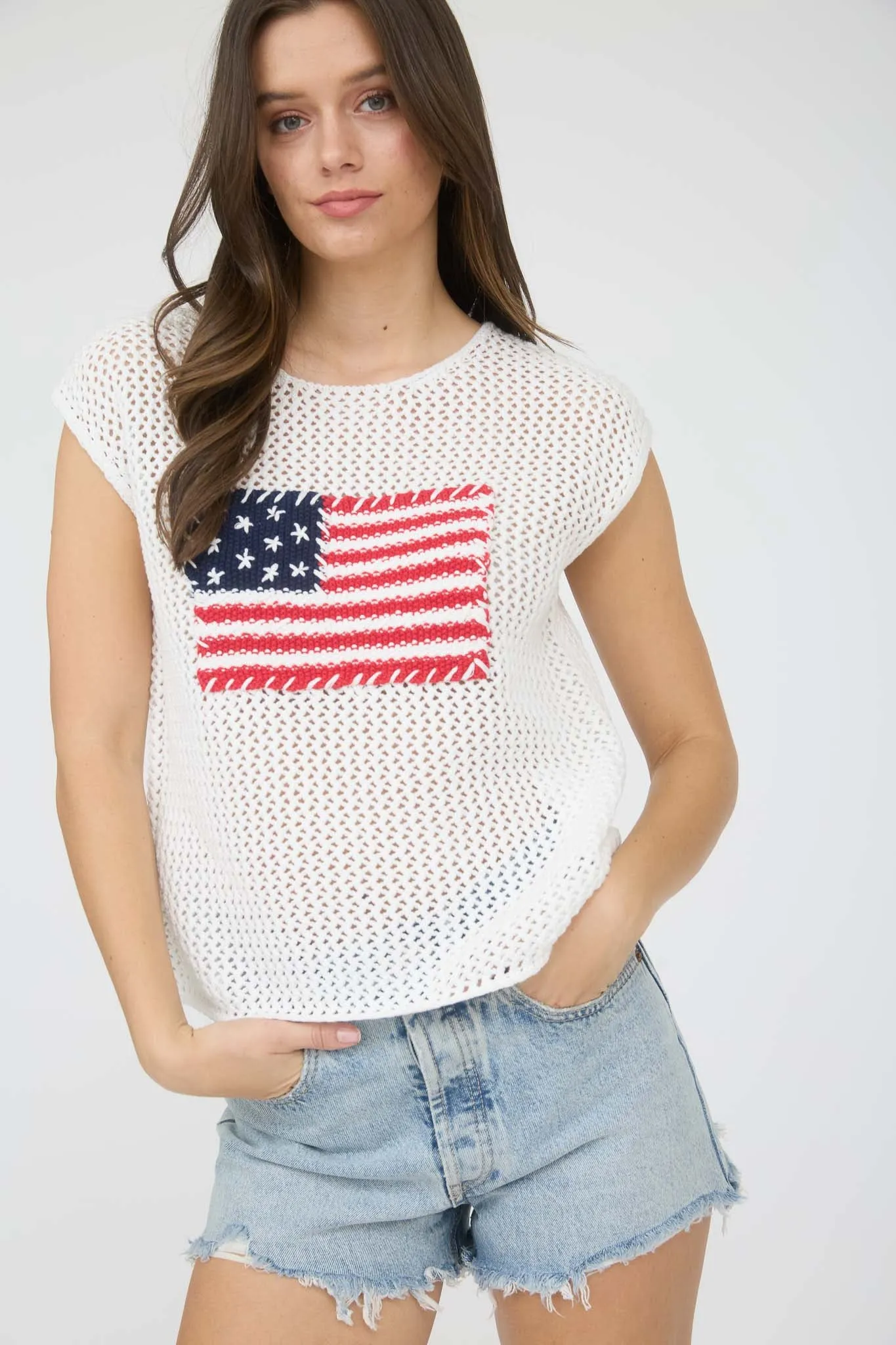 PLUS AMERICAN FLAG CROCHET KNIT SWEATER TOP sold by Blu Pepper product image thumbnail 3