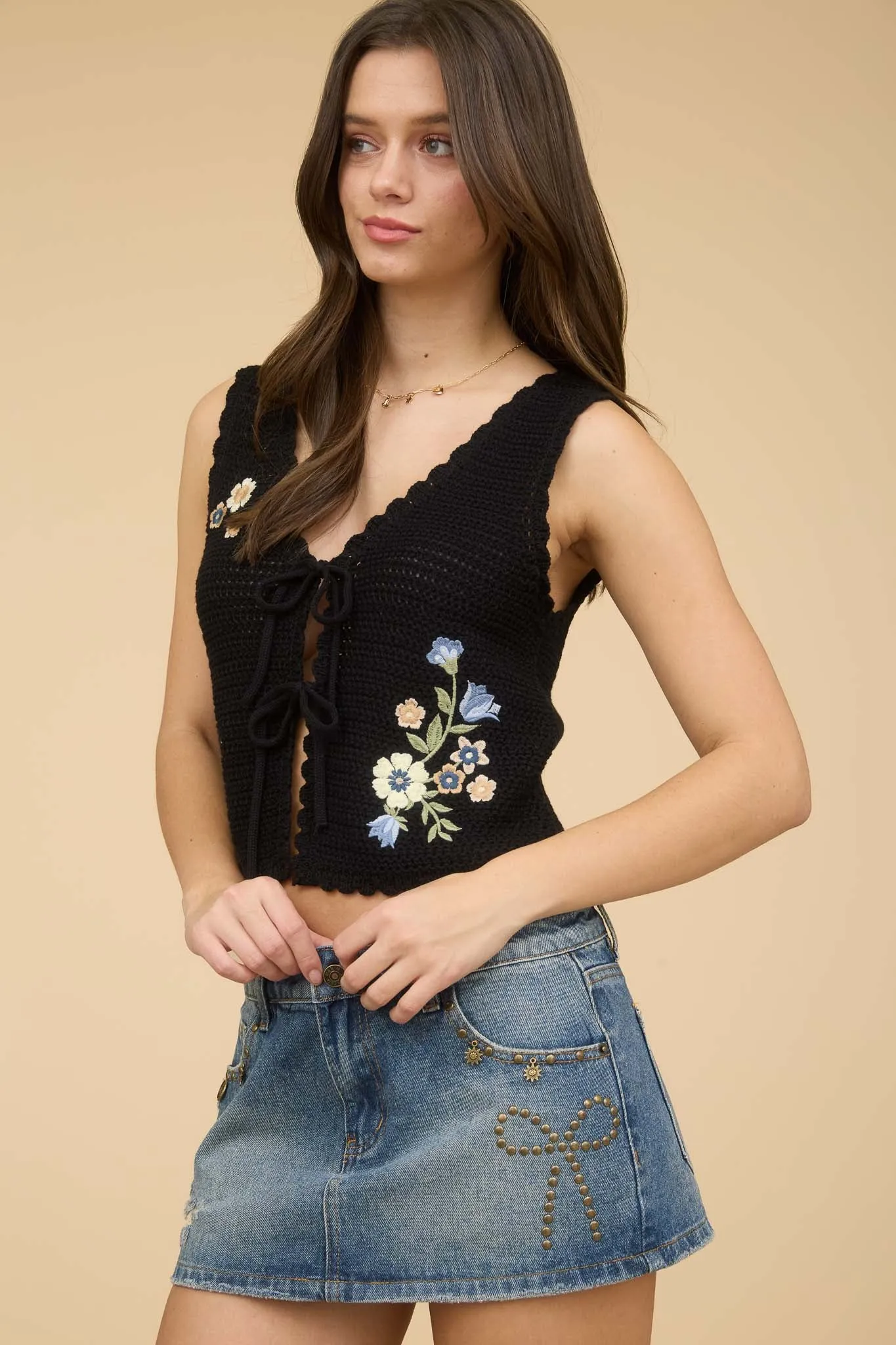 FLORAL EMBROIDERY FRONT TIE CROCHET VEST TOP sold by Blu Pepper product image thumbnail 3