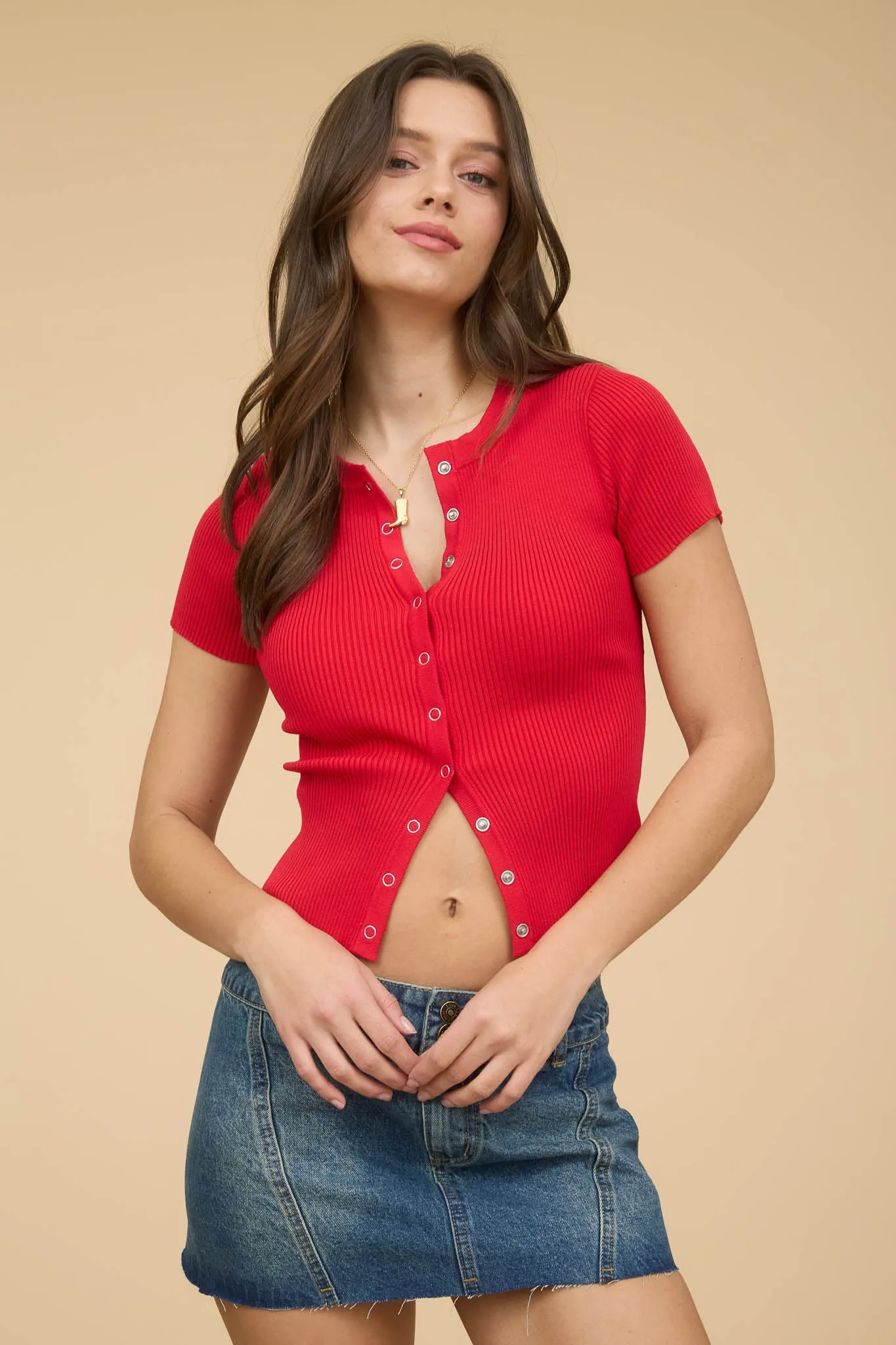 SNAP BUTTON SHORT SLEEVE SWEATER KNIT CARDIGAN sold by Blu Pepper product image thumbnail 4