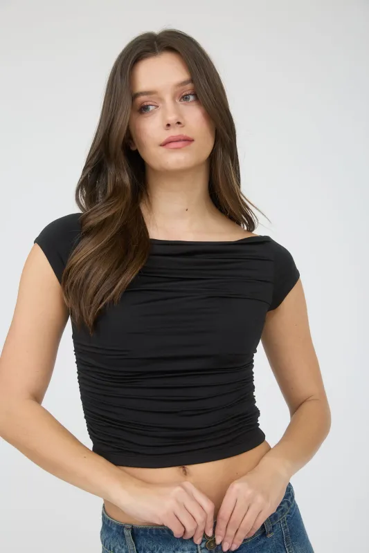 RUCHED FRONT SHORT SLEEVE KNIT CROP TOP sold by Blu Pepper
