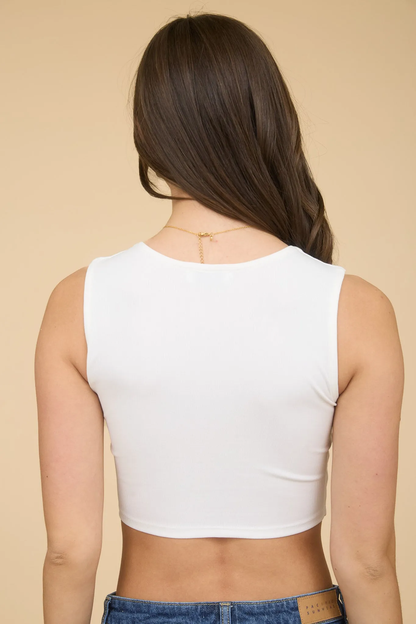 BOW DETAIL SLEEVELESS SPLIT HEM KNIT CROP TOP sold by Blu Pepper product image thumbnail 2