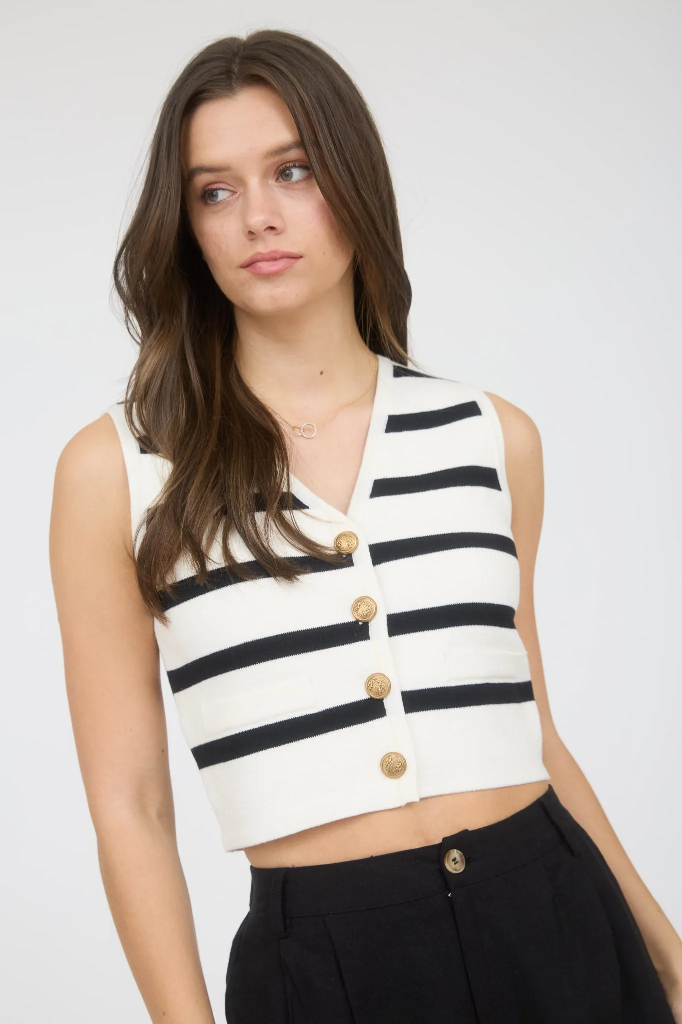 STRIPE GOLD BUTTON CROPPED KNIT SWEATER VEST sold by Blu Pepper