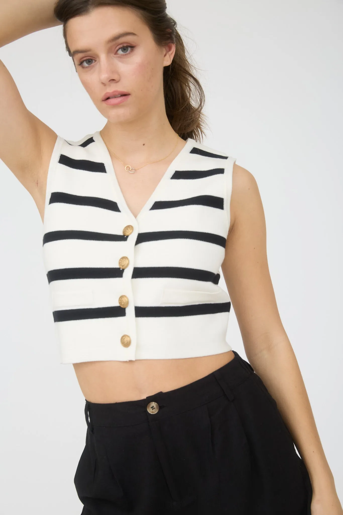 STRIPE GOLD BUTTON CROPPED KNIT SWEATER VEST sold by Blu Pepper product image thumbnail 3