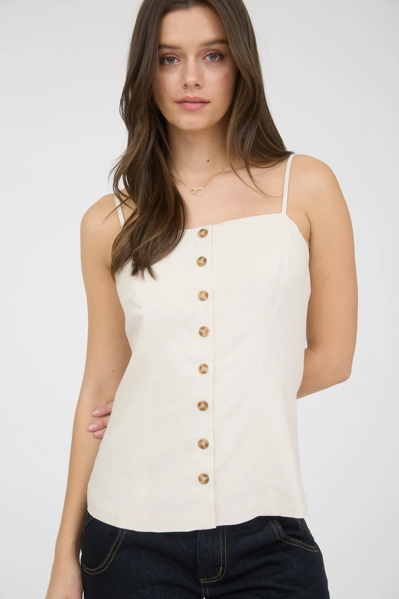 BUTTON DOWN SPAGHETTI STRAP LINEN TOP sold by Blu Pepper product image thumbnail 5