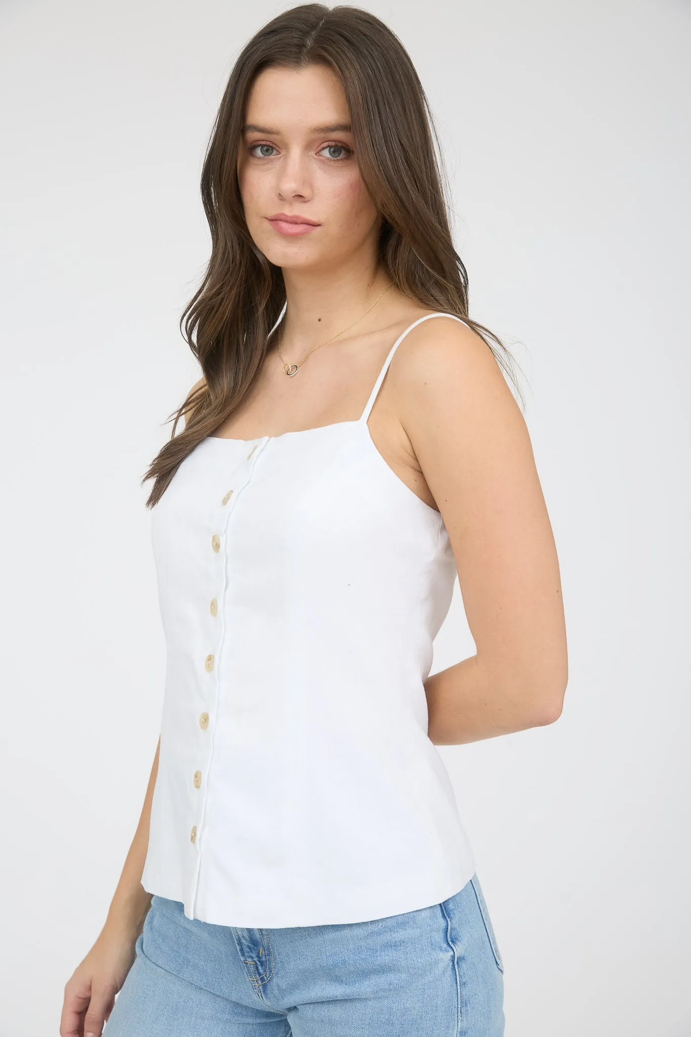 BUTTON DOWN SPAGHETTI STRAP LINEN TOP sold by Blu Pepper product image thumbnail 3