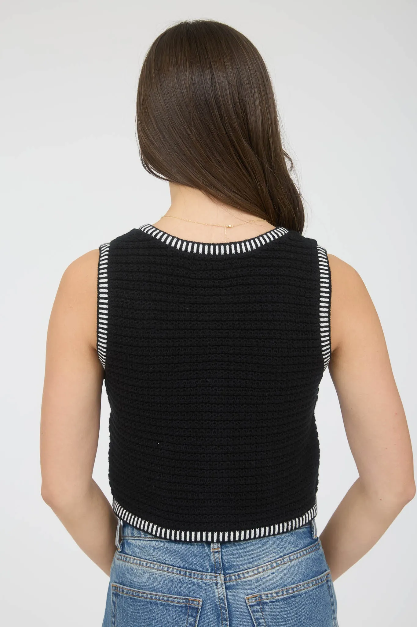 STRIPE TRIM GOLD BUTTON CROPPED SWEATER VEST sold by Blu Pepper product image thumbnail 2