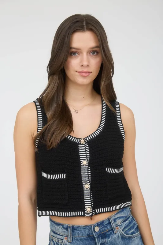 STRIPE TRIM GOLD BUTTON CROPPED SWEATER VEST sold by Blu Pepper