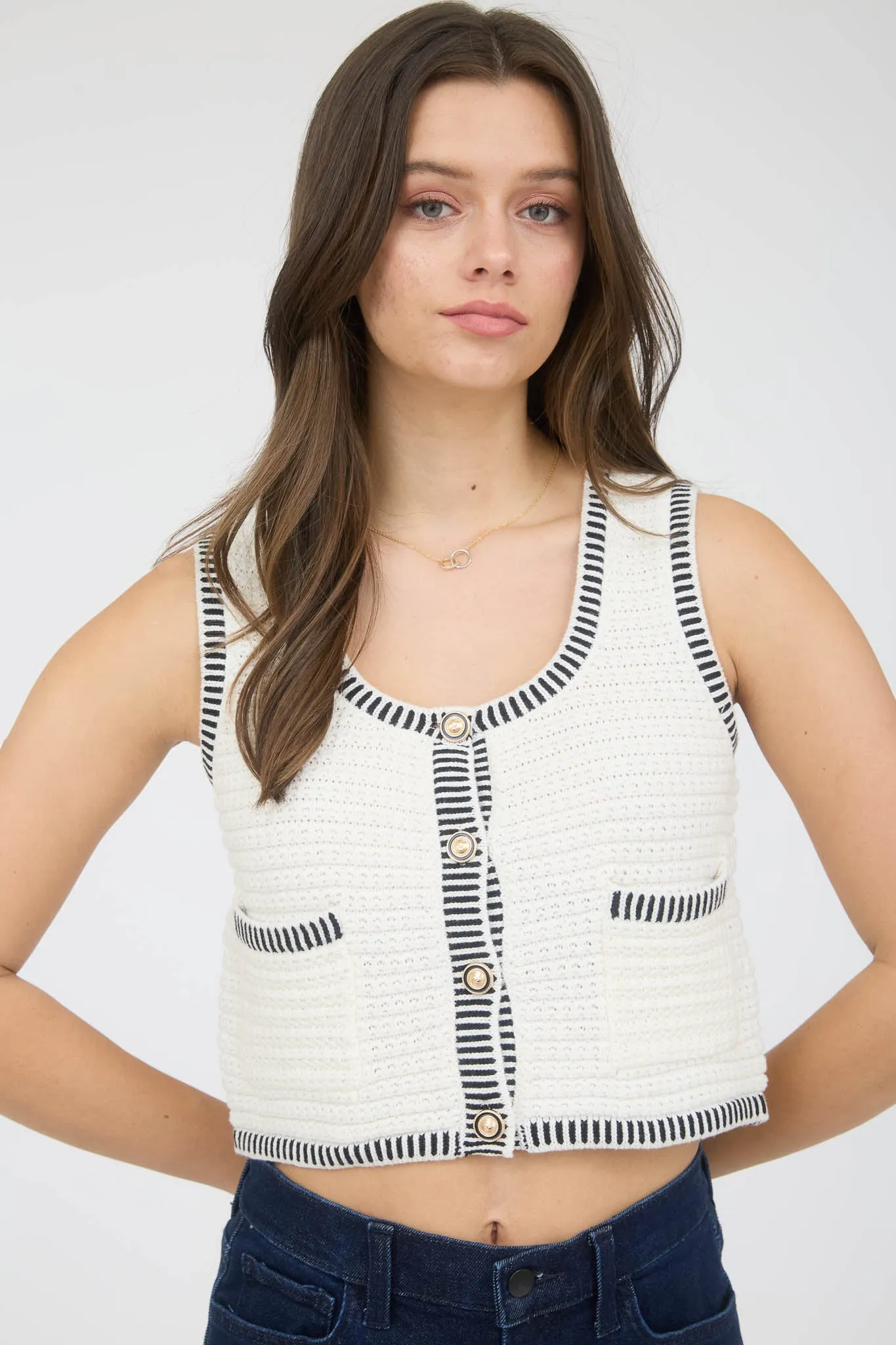 STRIPE TRIM GOLD BUTTON CROPPED SWEATER VEST sold by Blu Pepper product image thumbnail 5