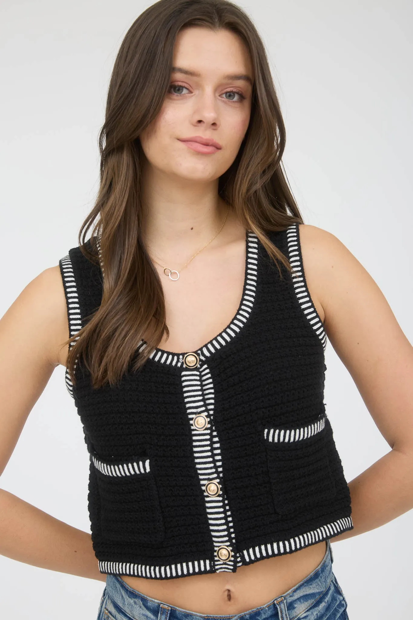 STRIPE TRIM GOLD BUTTON CROPPED SWEATER VEST sold by Blu Pepper product image thumbnail 4