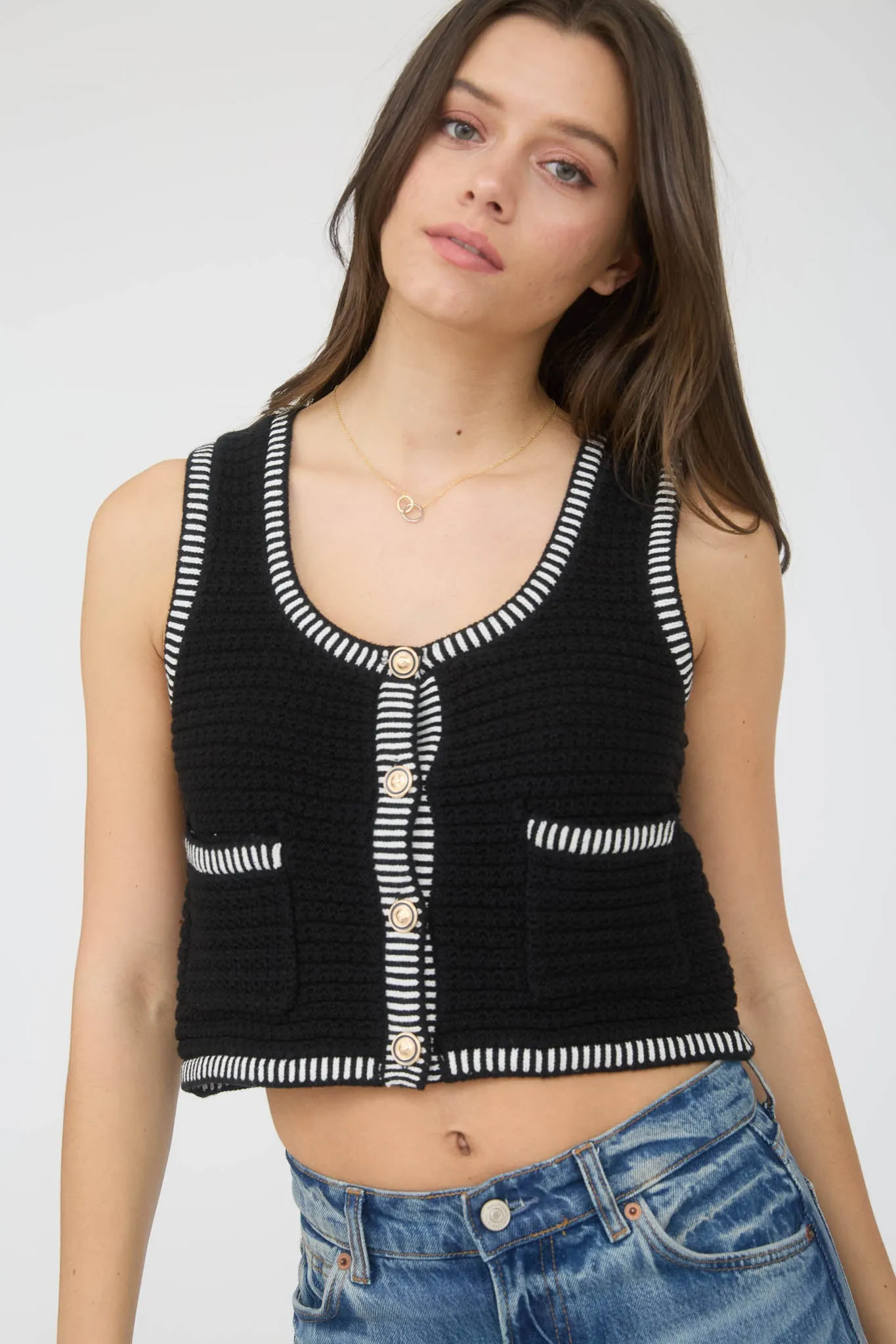 STRIPE TRIM GOLD BUTTON CROPPED SWEATER VEST sold by Blu Pepper product image thumbnail 3