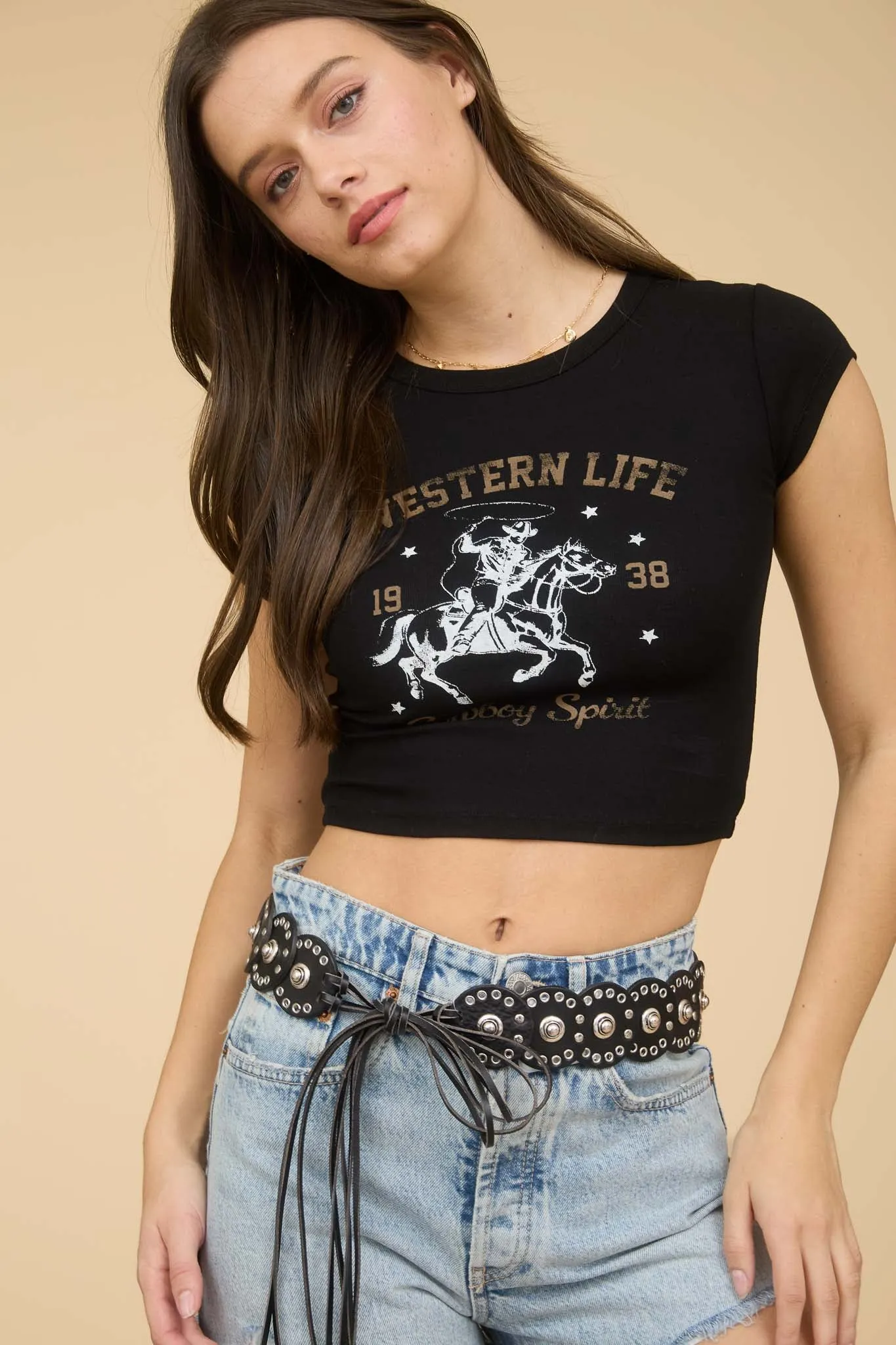 WESTERN LIFE GRAPHIC SHORT SLEEVE KNIT CROP TOP sold by Blu Pepper product image thumbnail 4