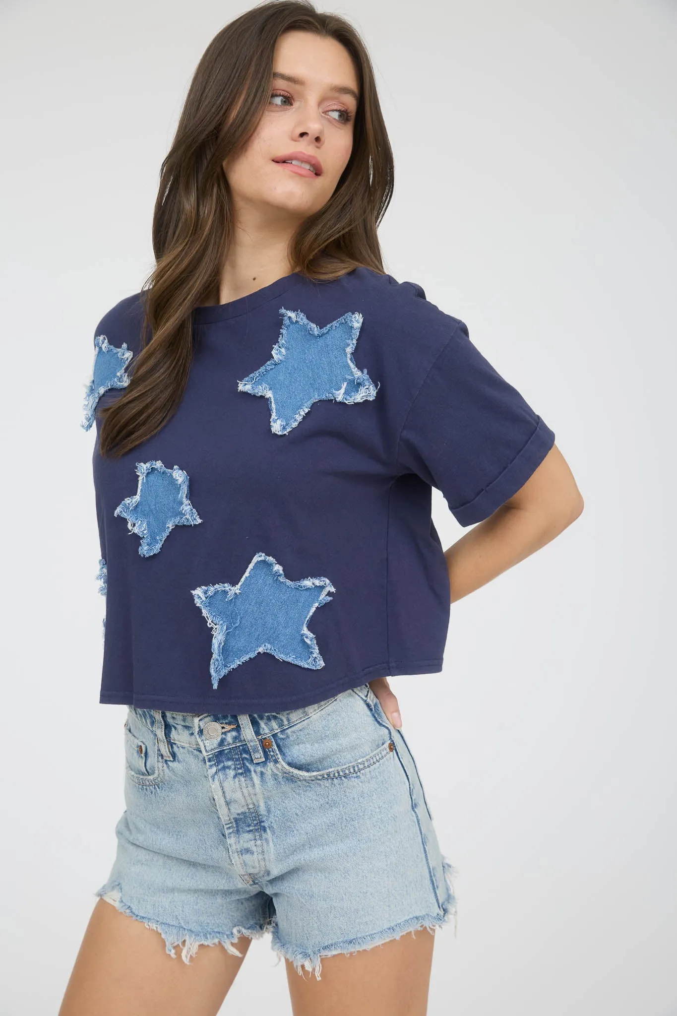 DENIM STAR PATCH SHORT SLEEVE KNIT T-SHIRT sold by Blu Pepper product image thumbnail 3