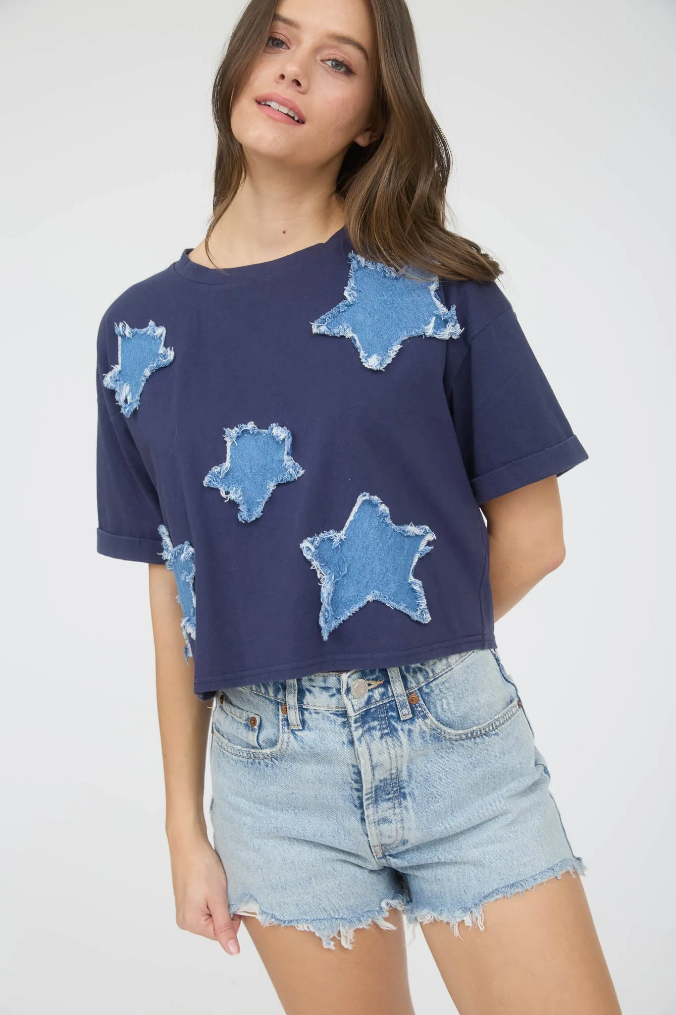 DENIM STAR PATCH SHORT SLEEVE KNIT T-SHIRT sold by Blu Pepper product image thumbnail 5