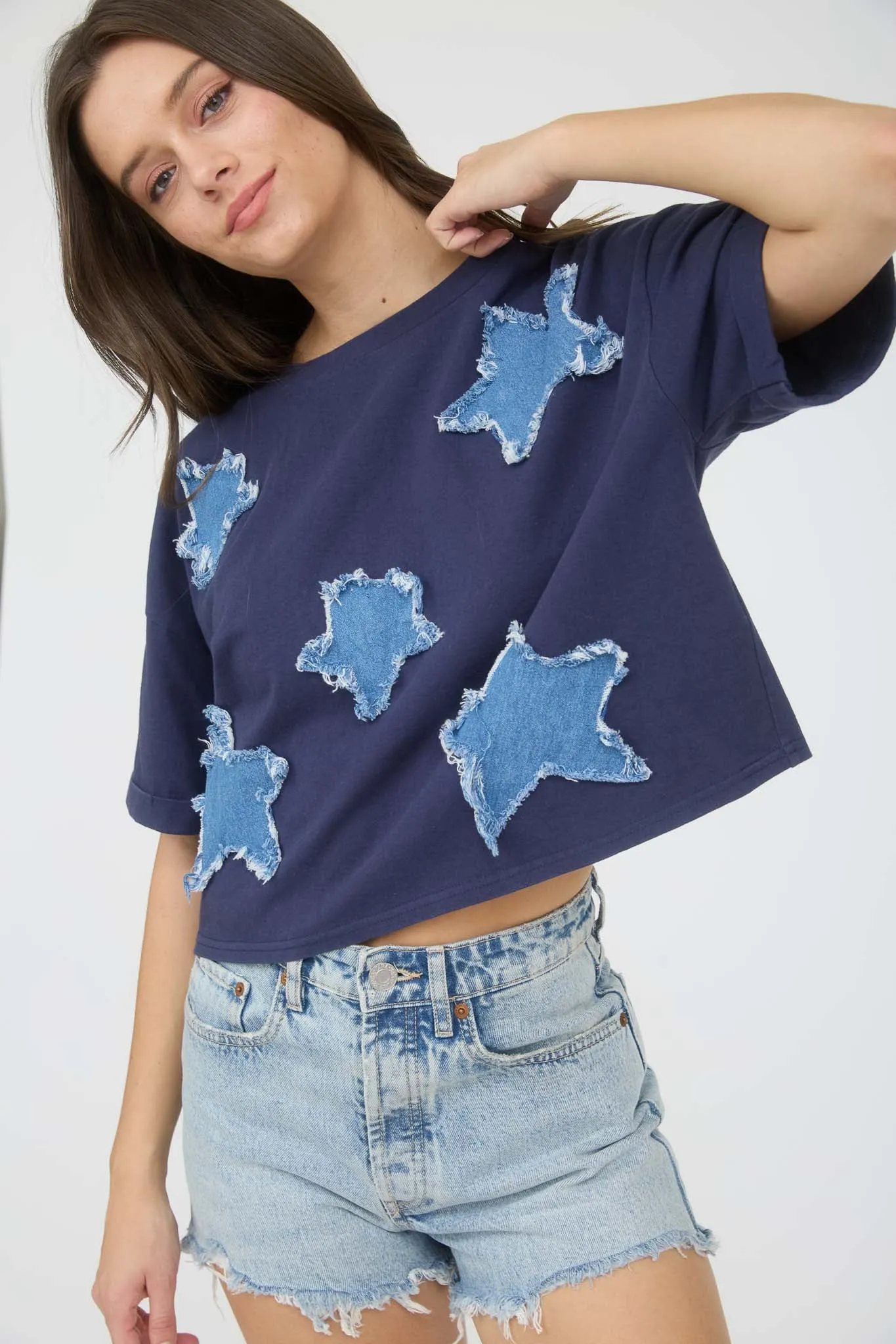 DENIM STAR PATCH SHORT SLEEVE KNIT T-SHIRT sold by Blu Pepper