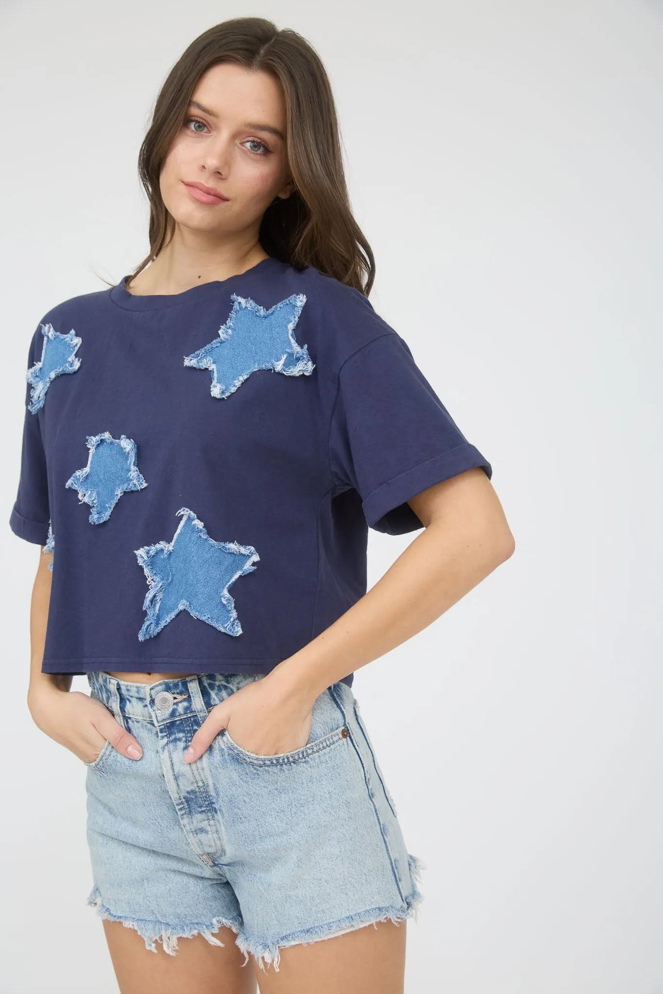 DENIM STAR PATCH SHORT SLEEVE KNIT T-SHIRT sold by Blu Pepper product image thumbnail 4