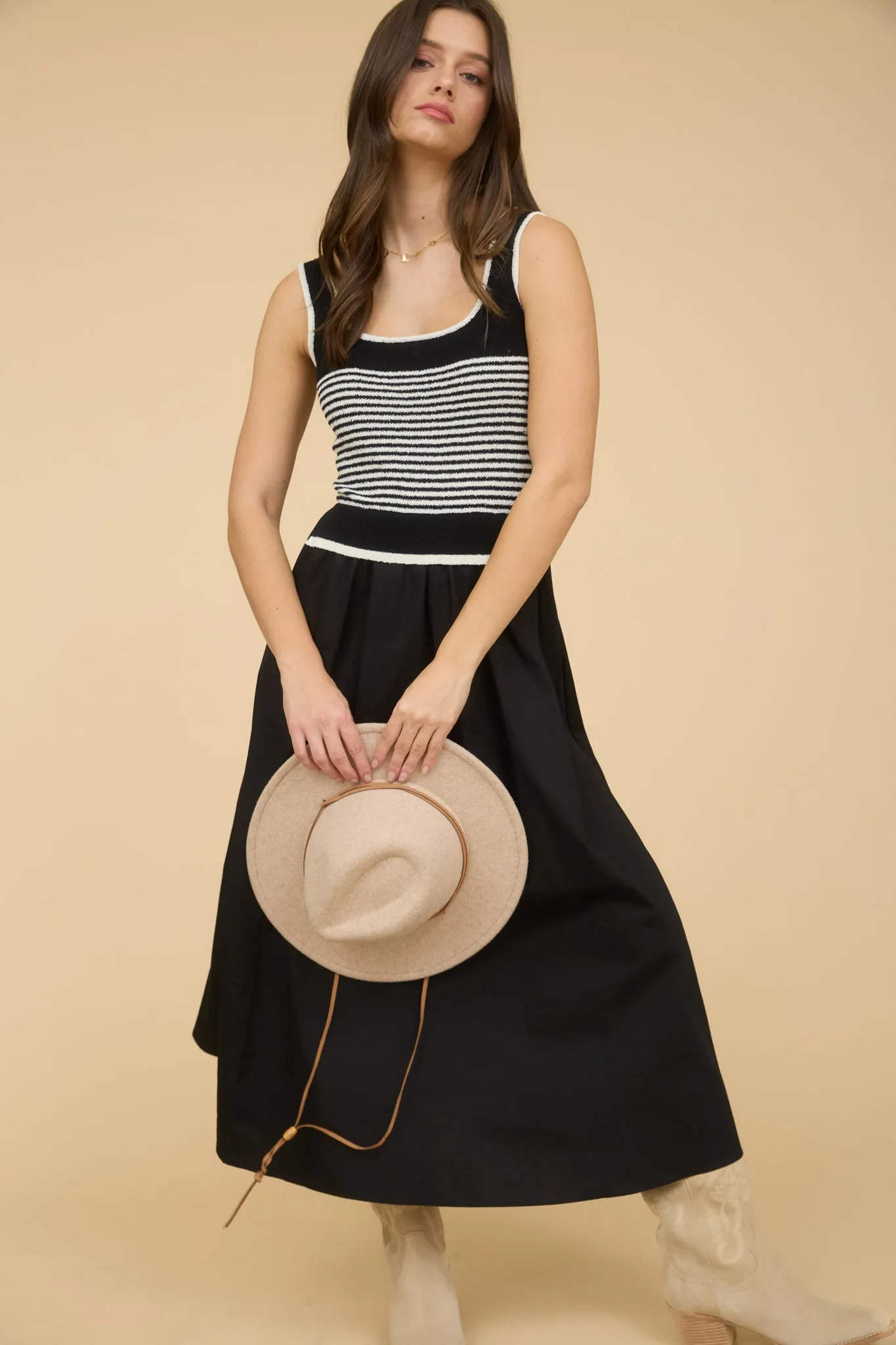 STRIPE SWEATER TANK WOVEN SKIRT MIDI DRESS sold by Blu Pepper product image thumbnail 4