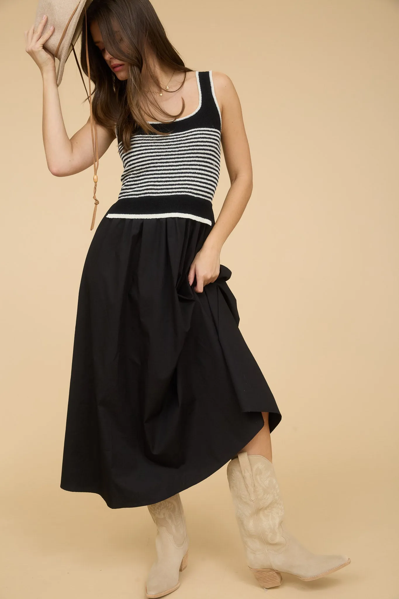 STRIPE SWEATER TANK WOVEN SKIRT MIDI DRESS sold by Blu Pepper product image thumbnail 5