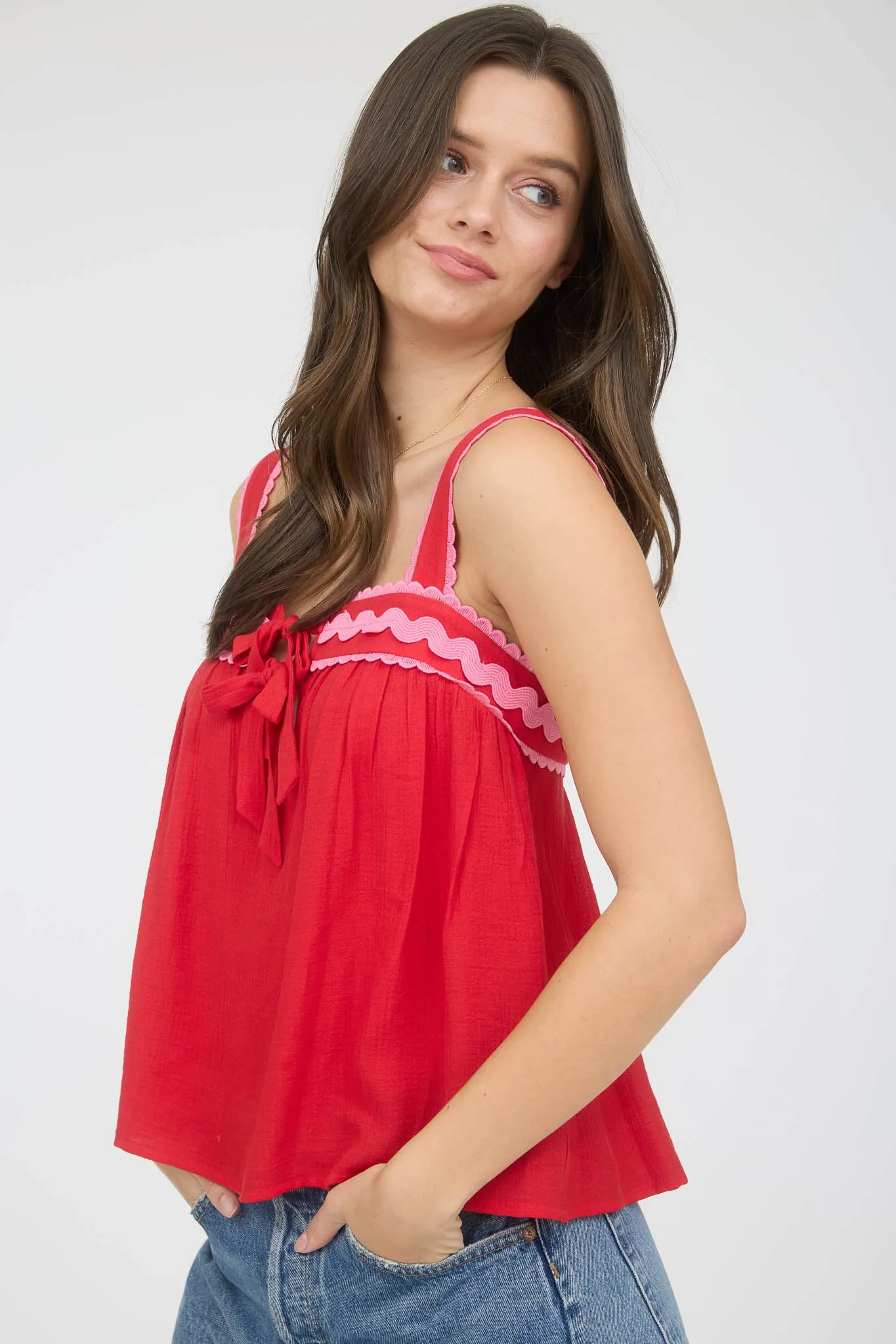 SLEEVELESS WAVY TRIM FRONT SPLIT WITH TIE BLOUSE sold by Blu Pepper product image thumbnail 3
