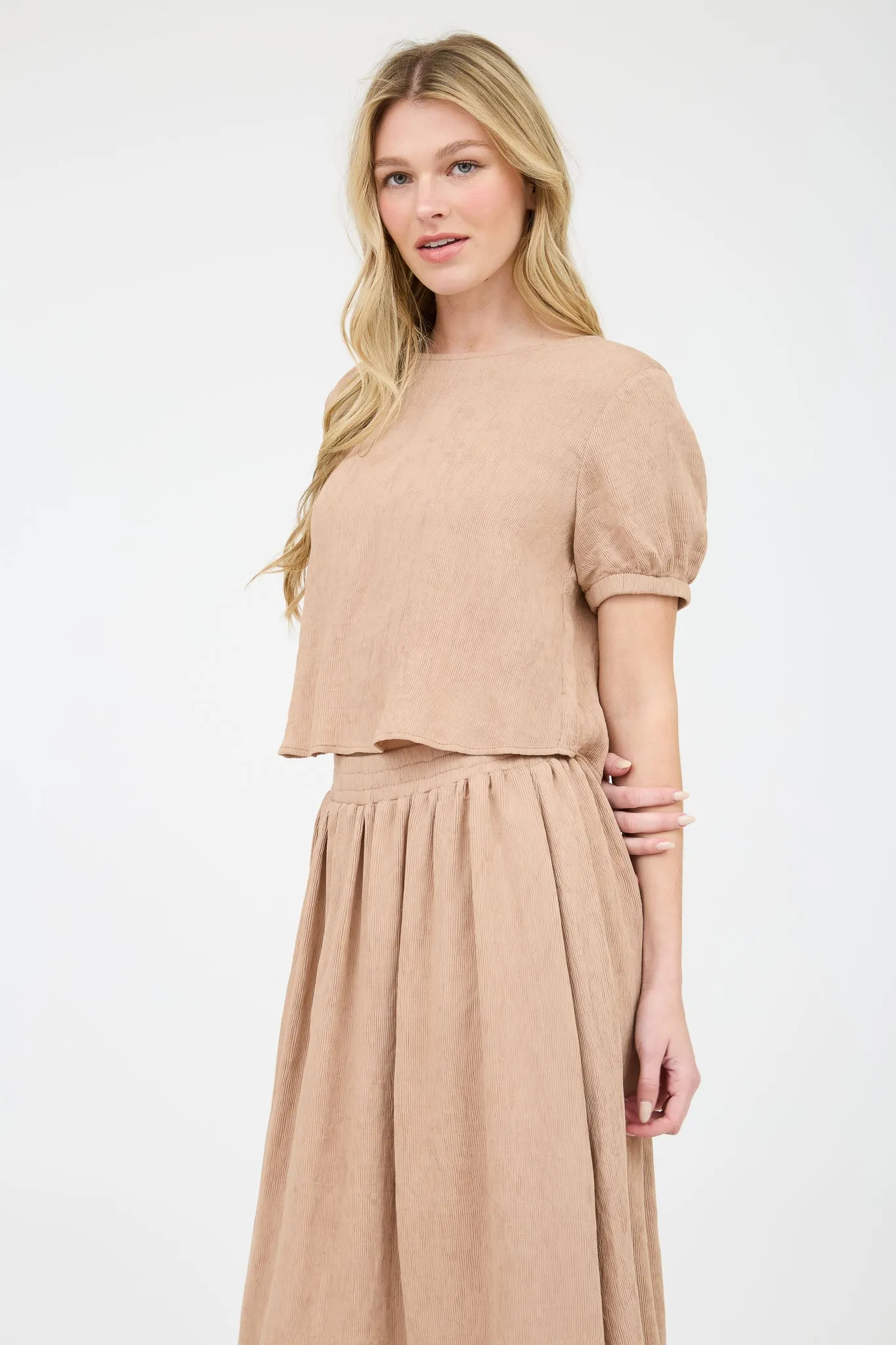 ROUND NECK SHORT PUFF SLEEVE BACK TIE SHIRT sold by Blu Pepper product image thumbnail 3