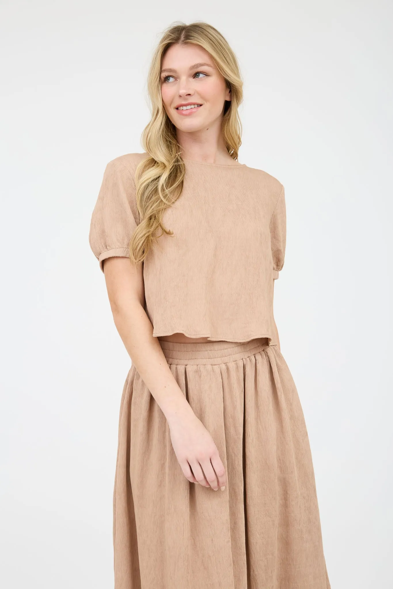 ROUND NECK SHORT PUFF SLEEVE BACK TIE SHIRT sold by Blu Pepper product image thumbnail 4