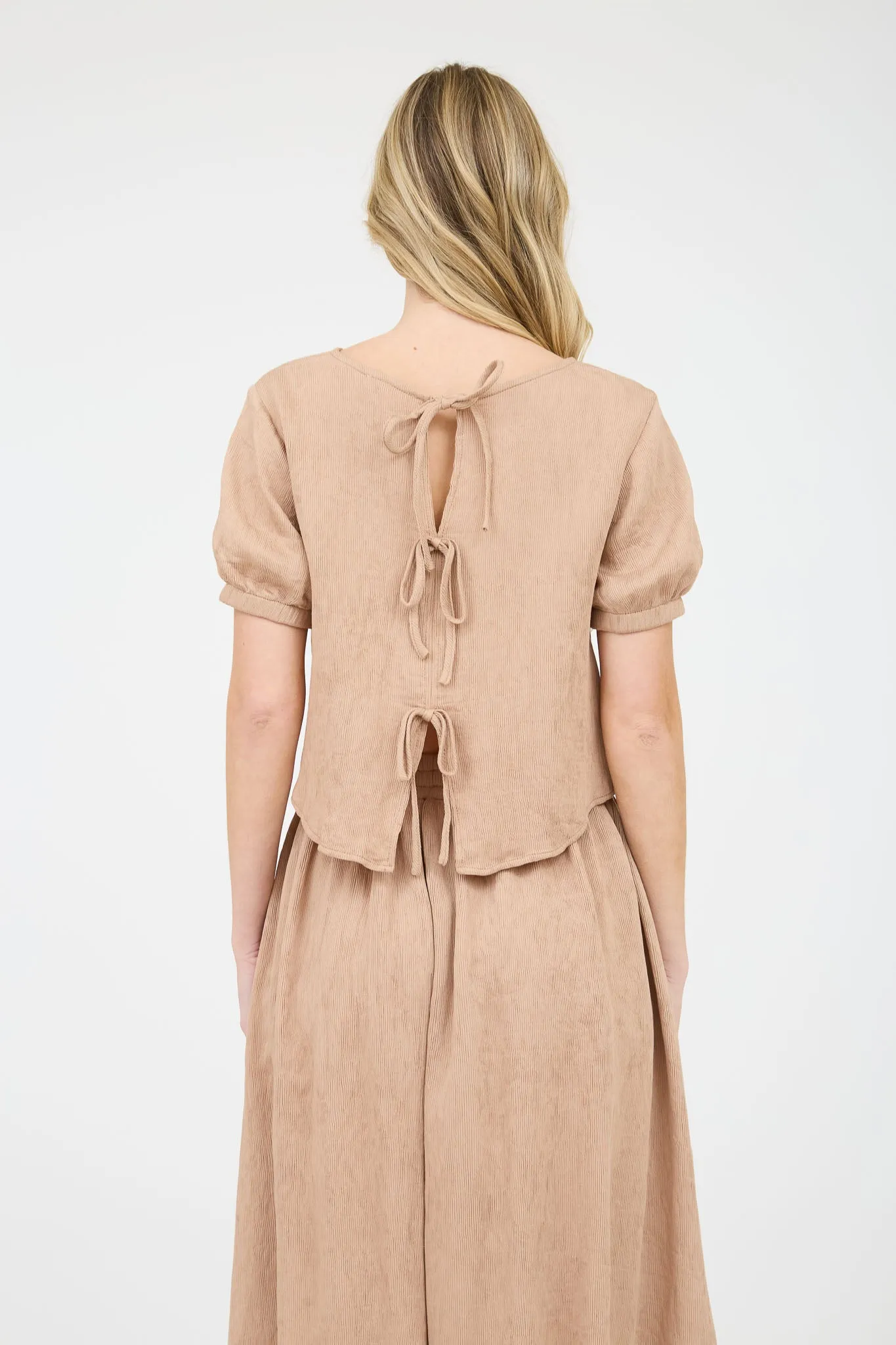 ROUND NECK SHORT PUFF SLEEVE BACK TIE SHIRT sold by Blu Pepper product image thumbnail 2