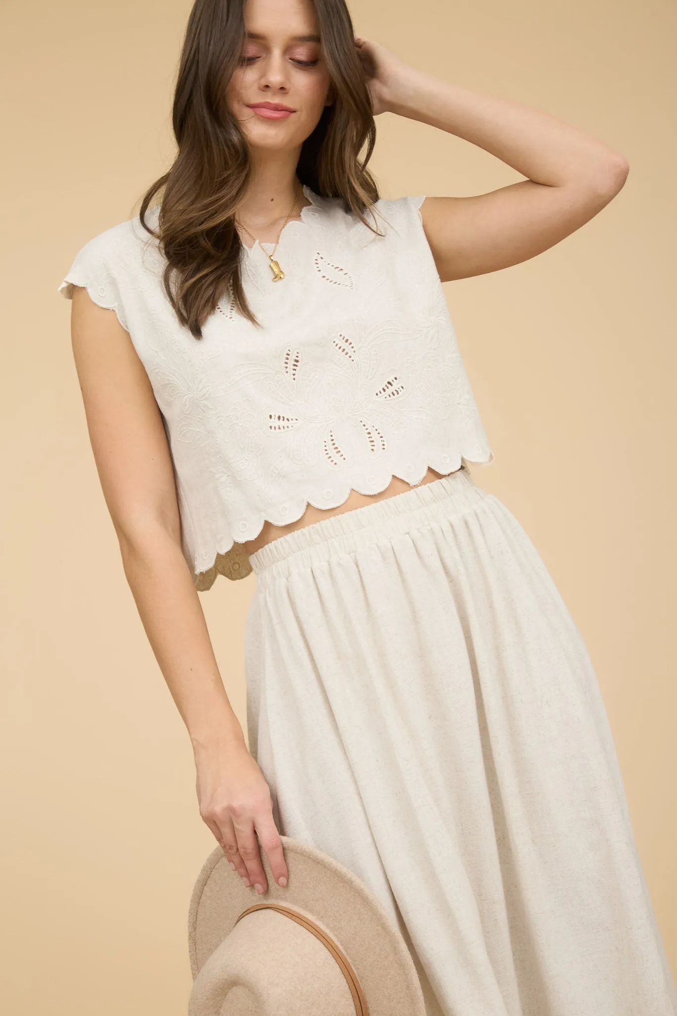 EYELET EMBROIDERY DETAIL SCALLOPED CROP TOP sold by Blu Pepper