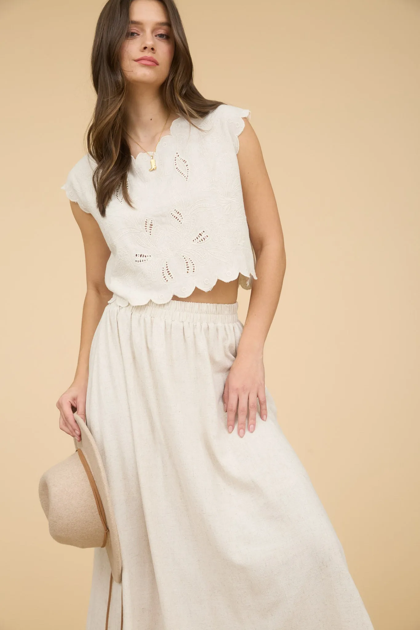 EYELET EMBROIDERY DETAIL SCALLOPED CROP TOP sold by Blu Pepper product image thumbnail 5