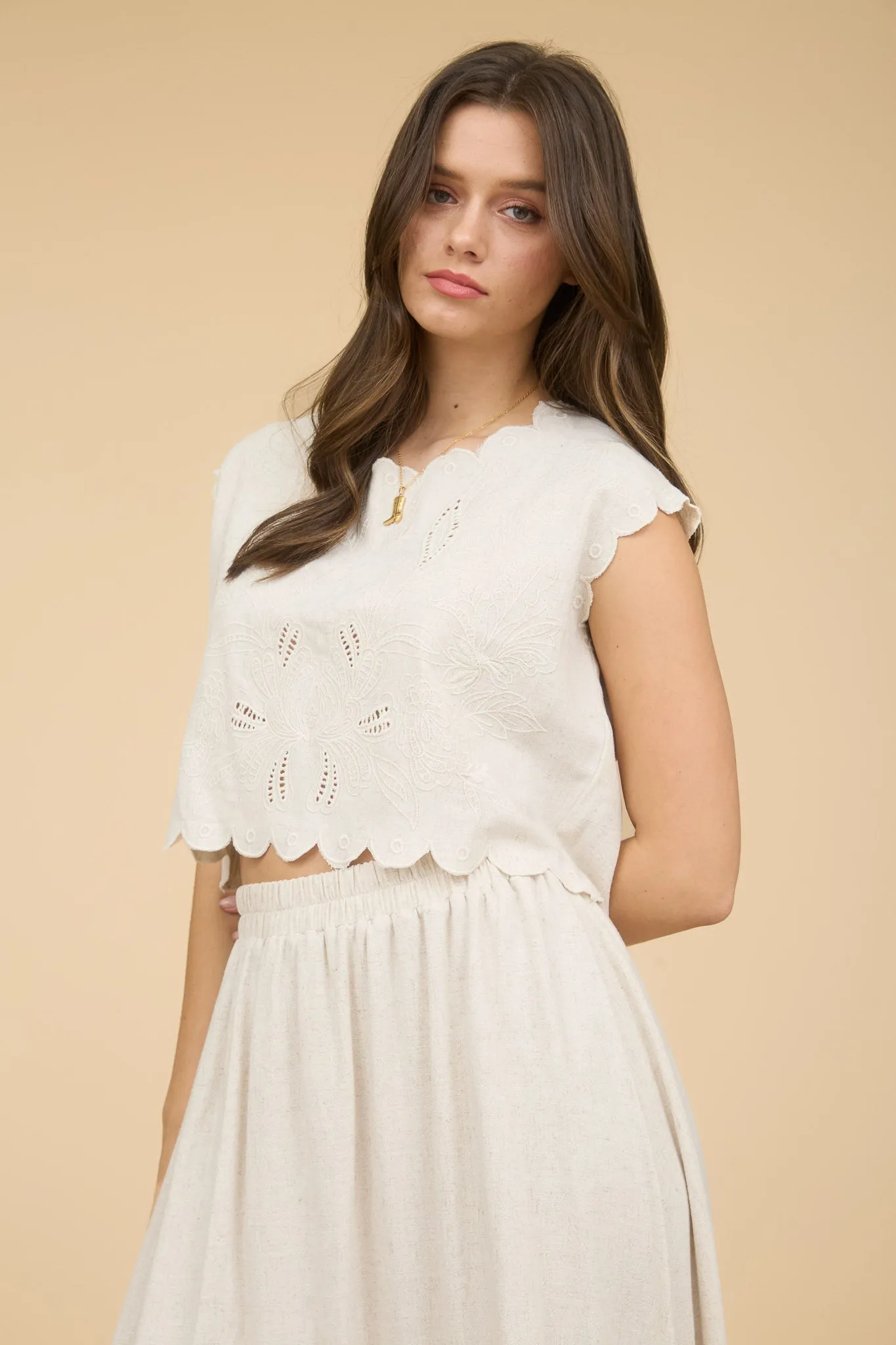 EYELET EMBROIDERY DETAIL SCALLOPED CROP TOP sold by Blu Pepper product image thumbnail 3