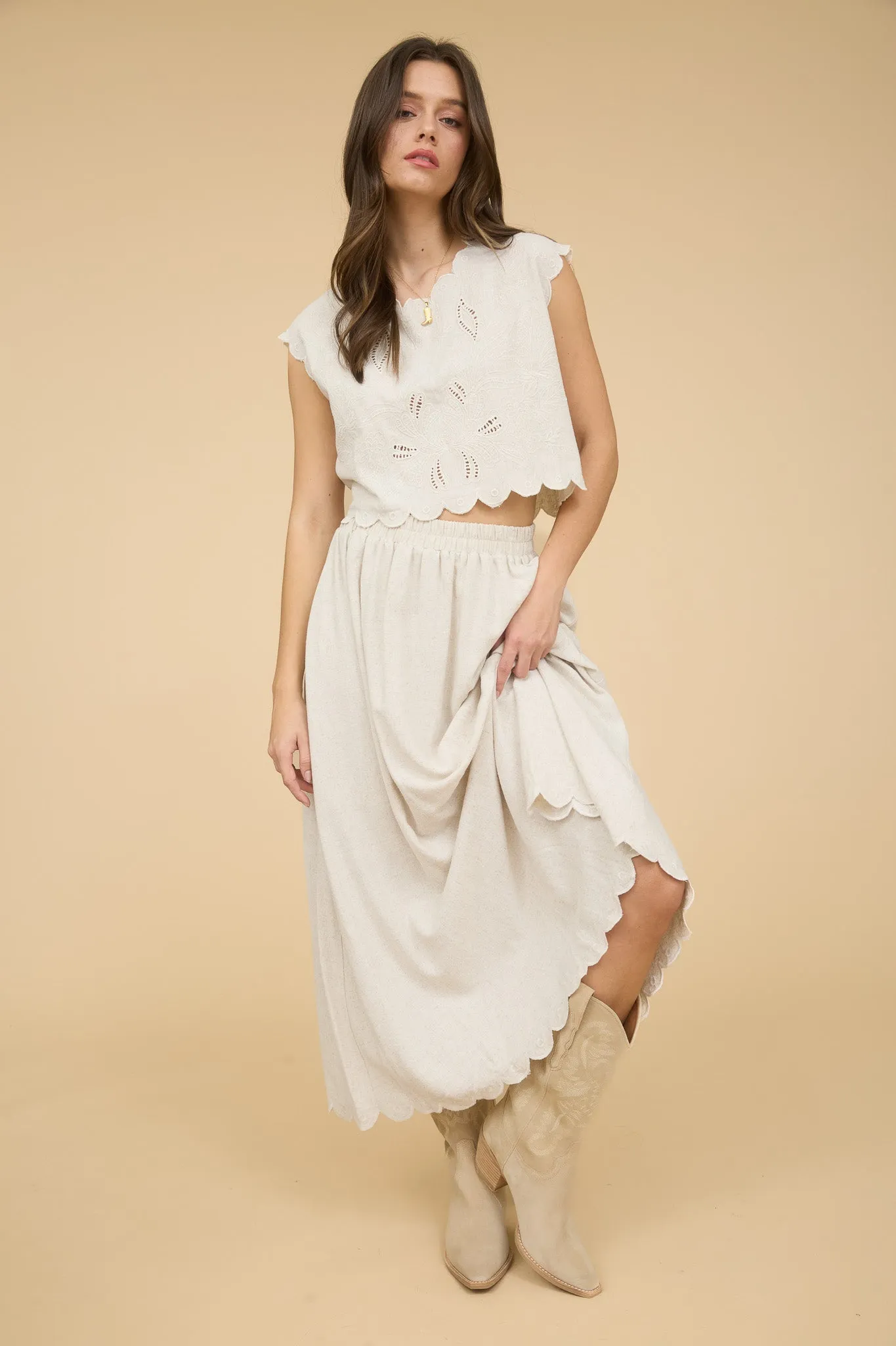 HIGH WAIST SCALLOP HEM MIDI SKIRT sold by Blu Pepper
