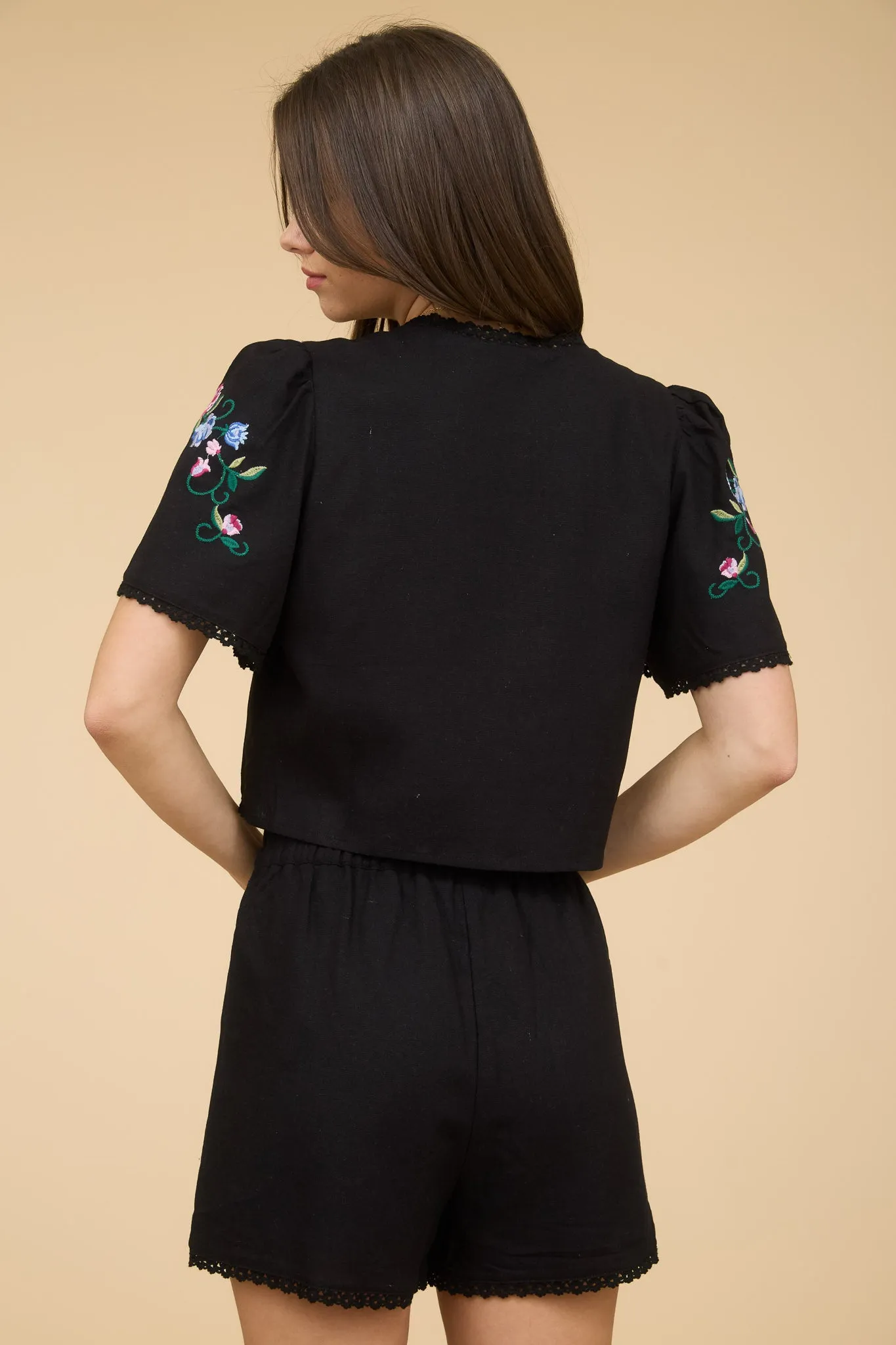 FLORAL EMBROIDERY DETAIL FRONT TIE CROPPED BLOUSE sold by Blu Pepper product image thumbnail 2
