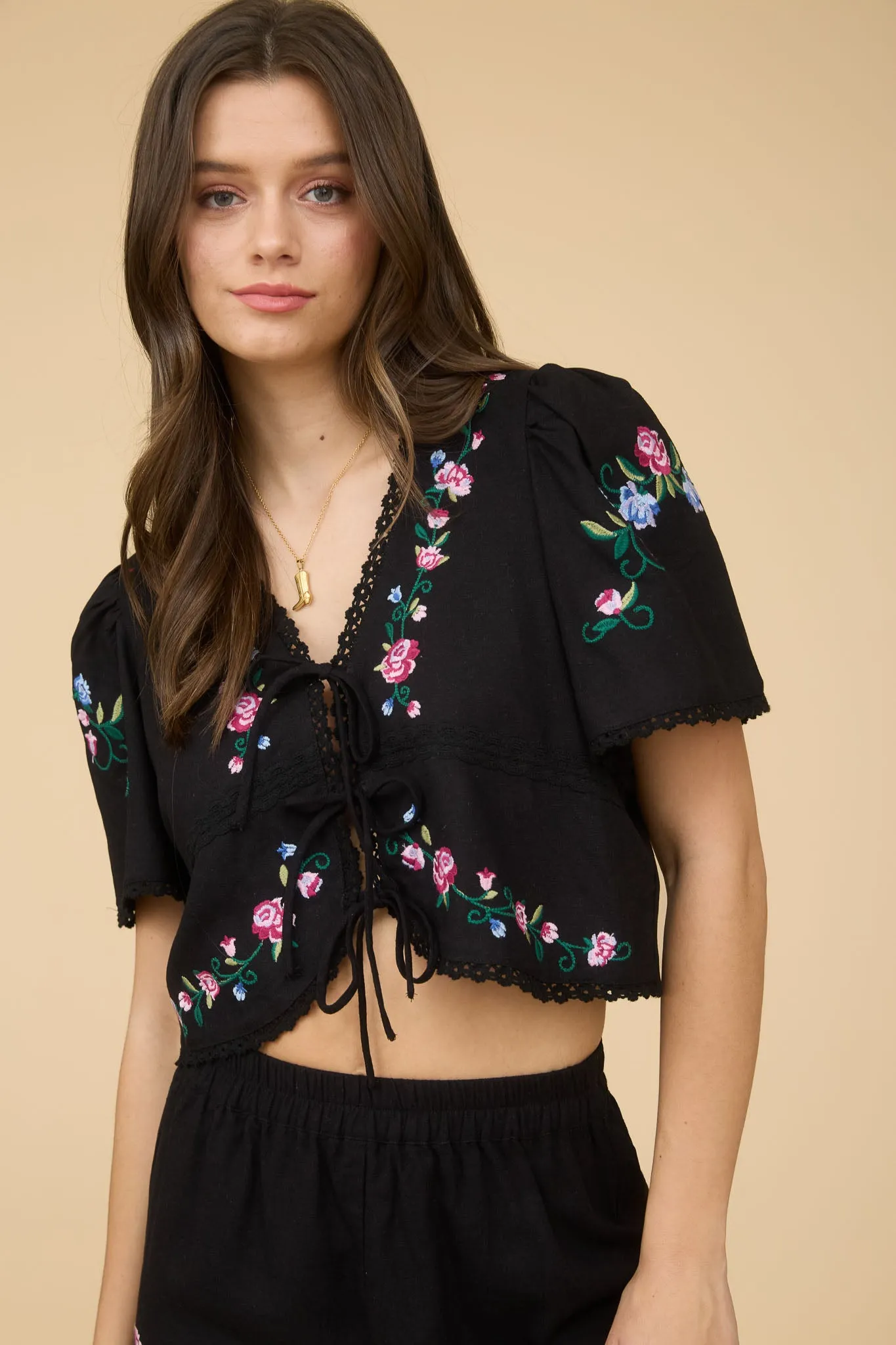 FLORAL EMBROIDERY DETAIL FRONT TIE CROPPED BLOUSE sold by Blu Pepper
