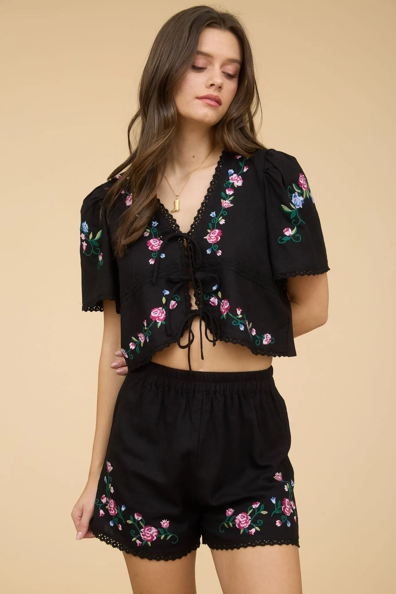FLORAL EMBROIDERY DETAIL FRONT TIE CROPPED BLOUSE sold by Blu Pepper product image thumbnail 5