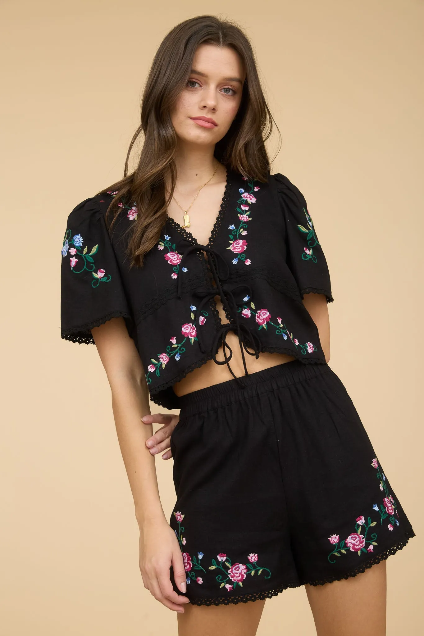 HIGH WAIST FLORAL EMBROIDERY MINI SHORTS sold by Blu Pepper product image thumbnail 5