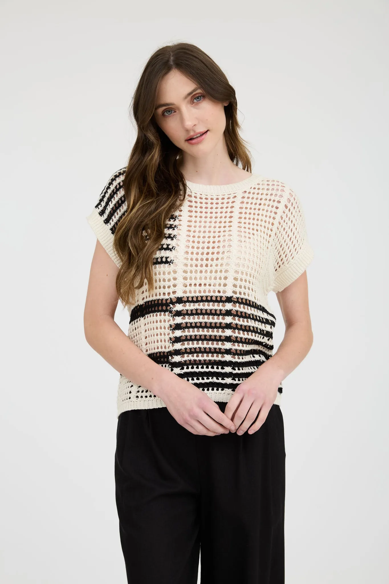 MULTI STRIPE SHORT SLEEVE SHEER CROCHET KNIT TOP sold by Blu Pepper product image thumbnail 5