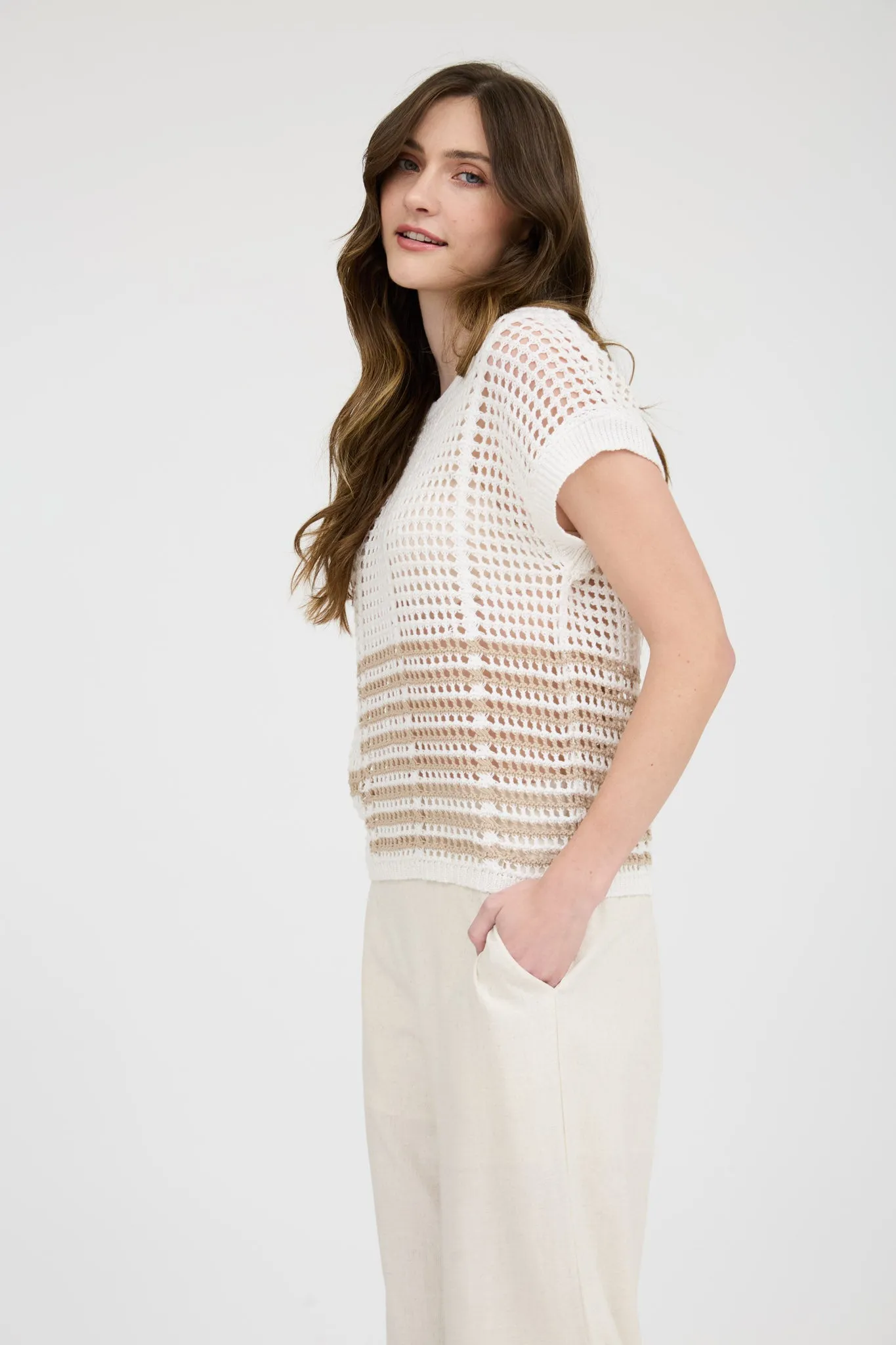 MULTI STRIPE SHORT SLEEVE SHEER CROCHET KNIT TOP sold by Blu Pepper product image thumbnail 3